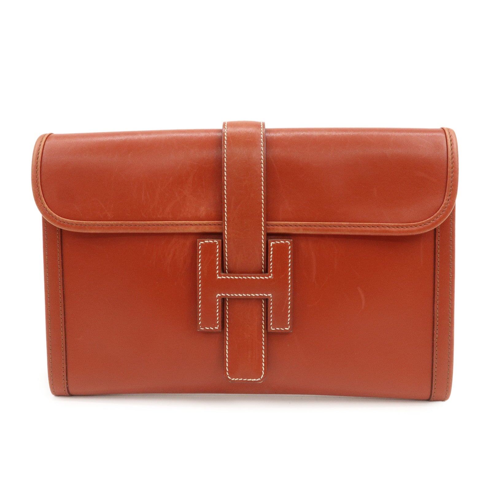 HERMES Box Calf Leather Jige PM □C Stamped Clutch Bag Brown