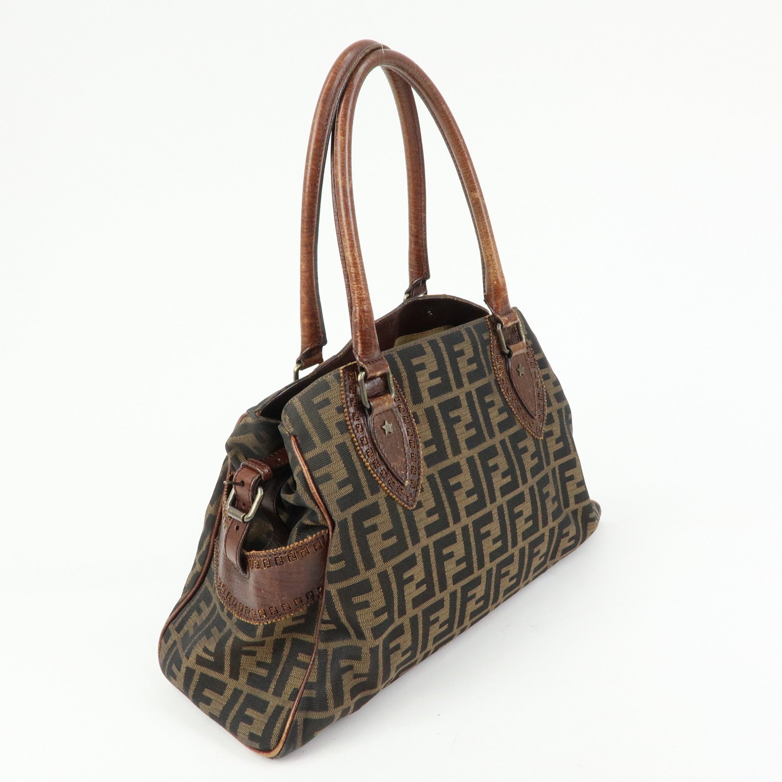 FENDI Ethnico Zucca Canvas Leather Tote Shoulder Bag Brown 8BN162