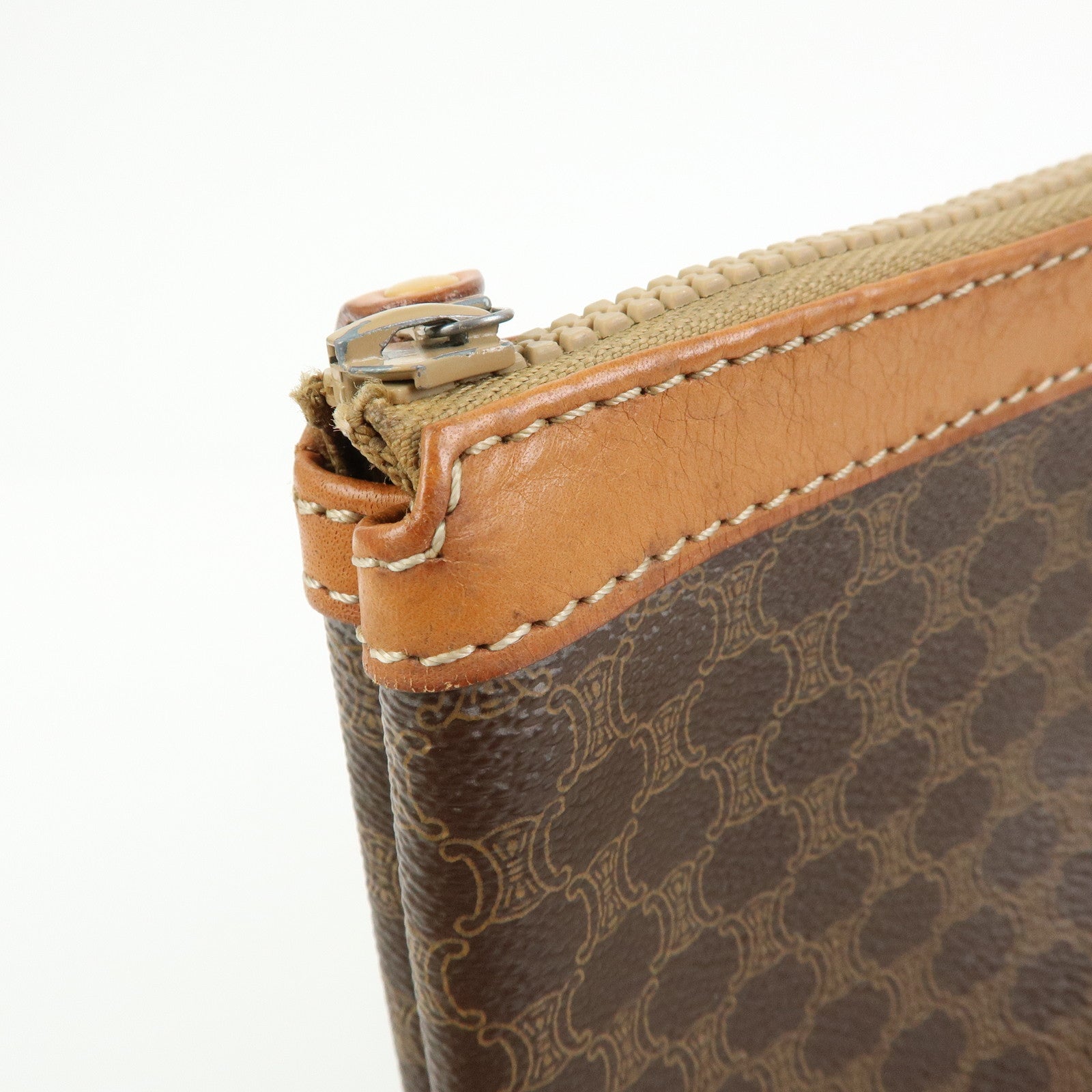 CELINE Macadam PVC Leather Clutch Bag Cosmetic Pouch Brown