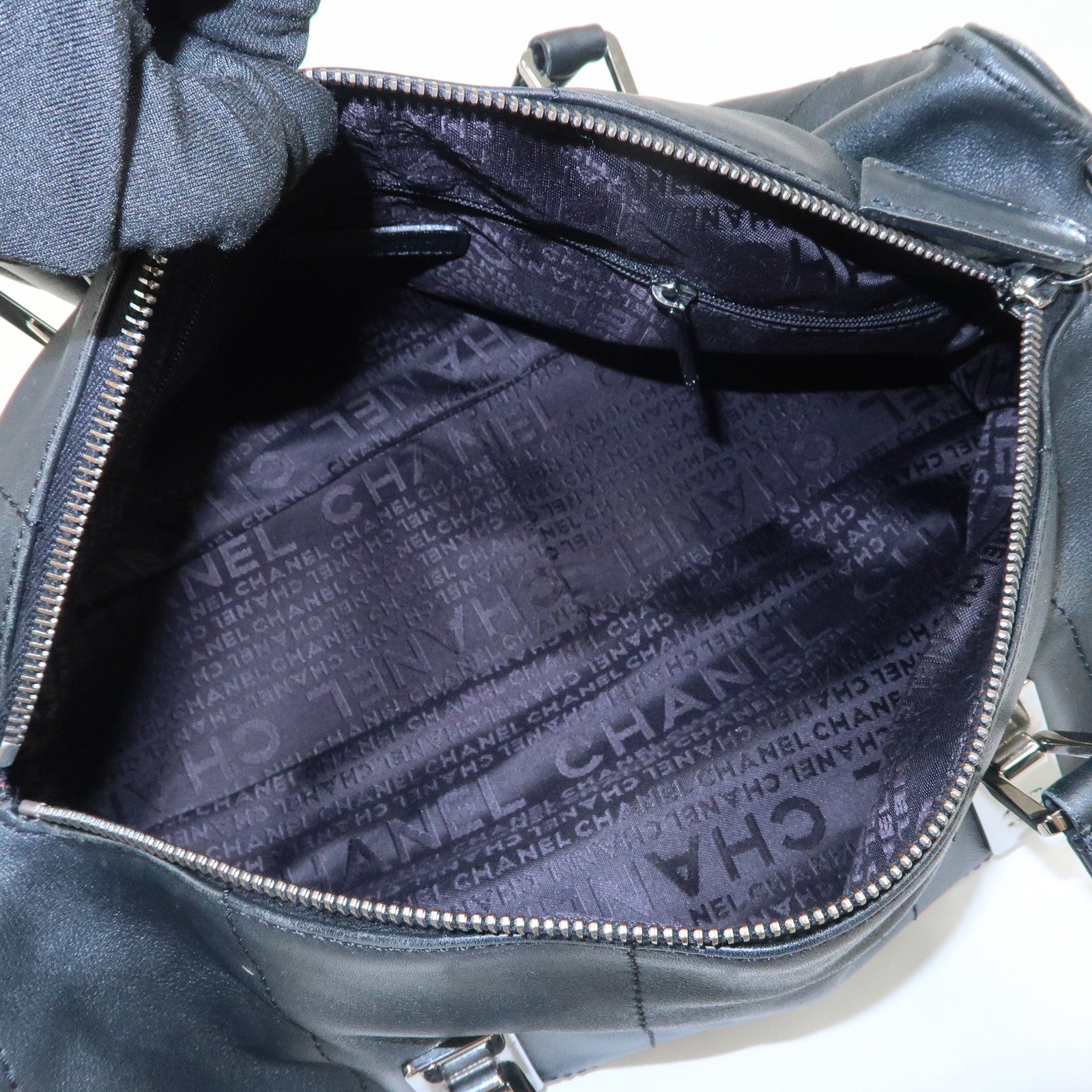 CHANEL Chocolate Bar Lamb Skin Mini Boston Bag Hand Bag Black