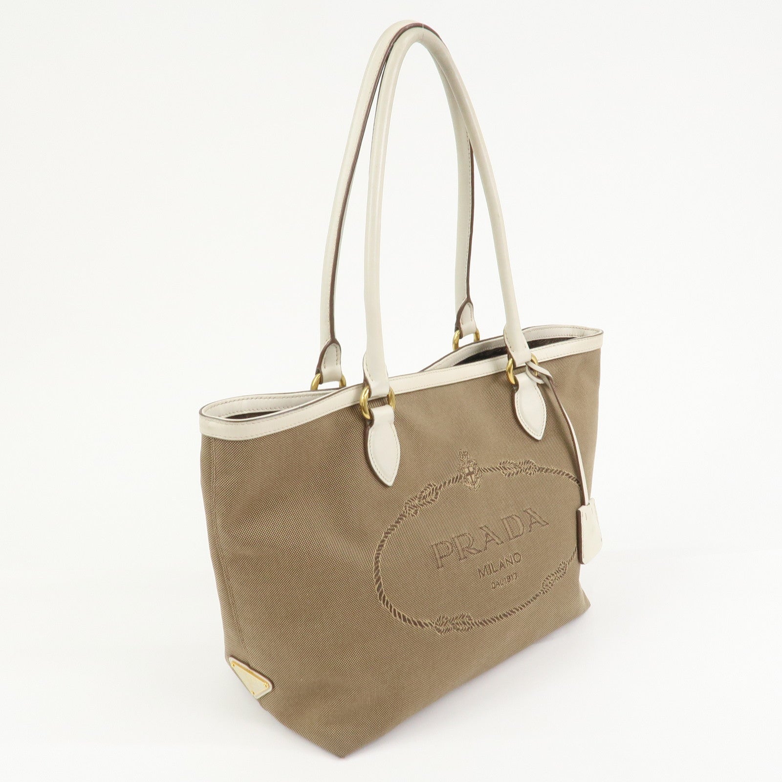 PRADA Logo Jacquard Leather Tote Bag Hand Bag Beige Ivory 1BG158