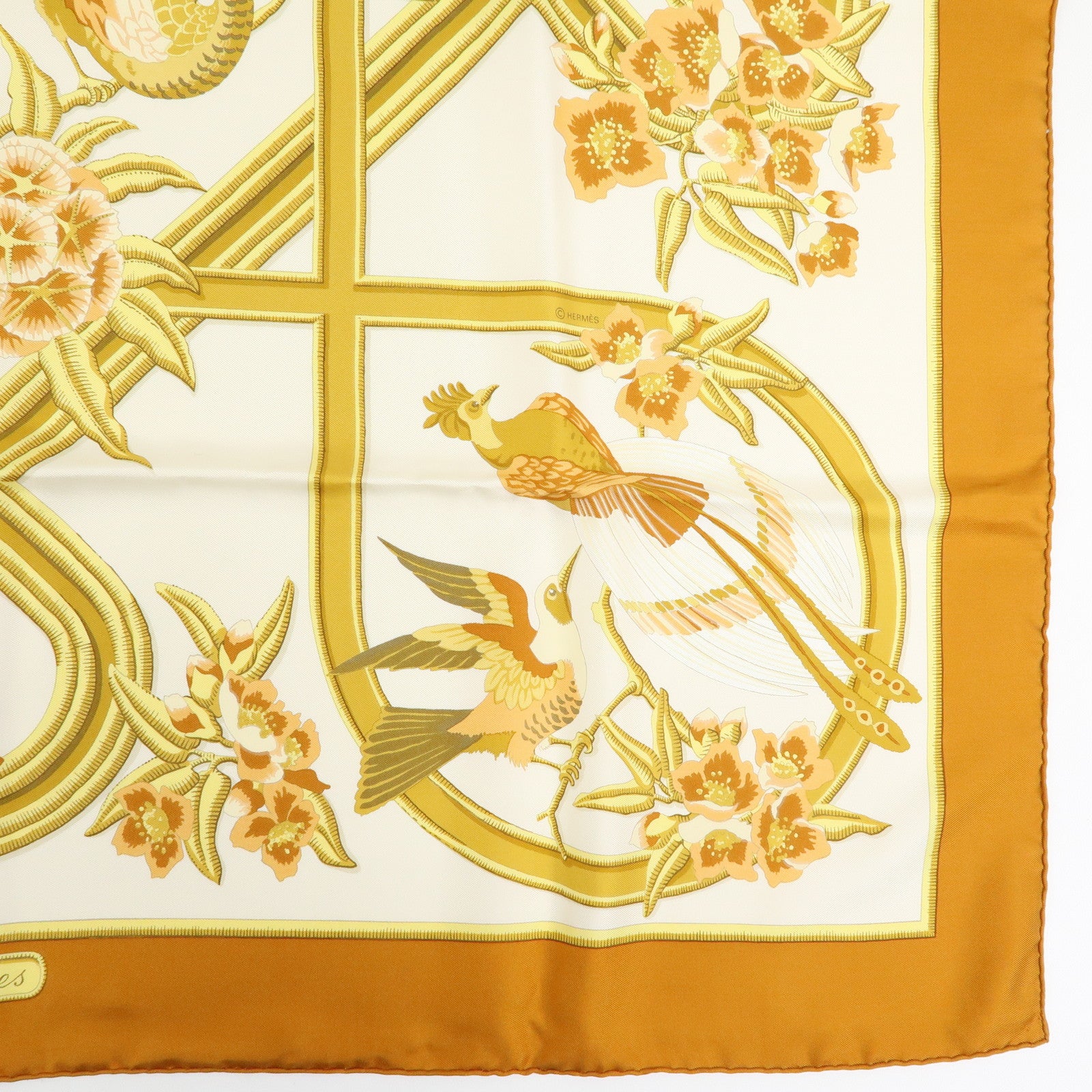 HERMES Carre Silk 100% Scarf Caraibes Oiseaux Light Brown