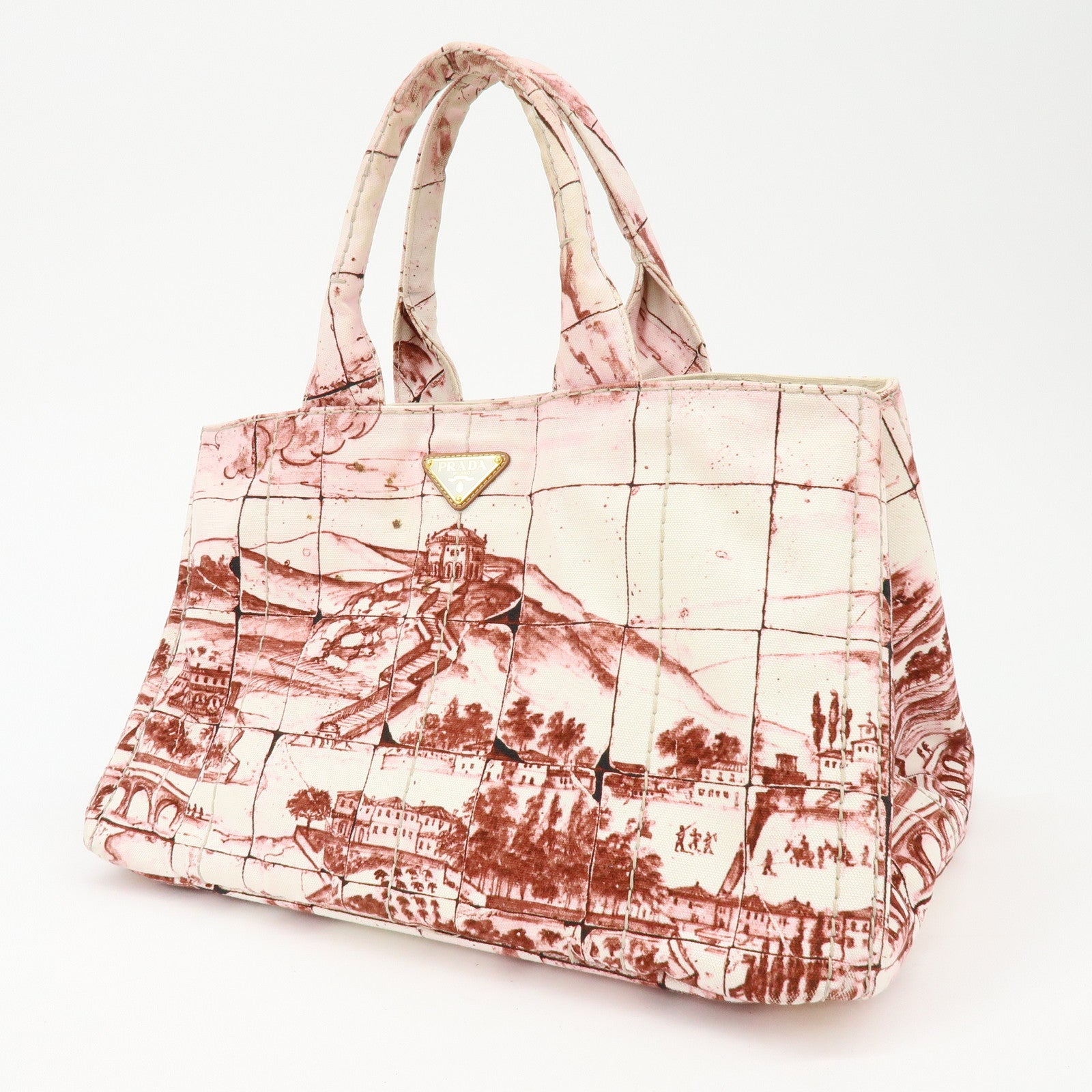 PRADA Canapa Large Triangle Logo Canvas Tote Bag Bordeaux B1872B