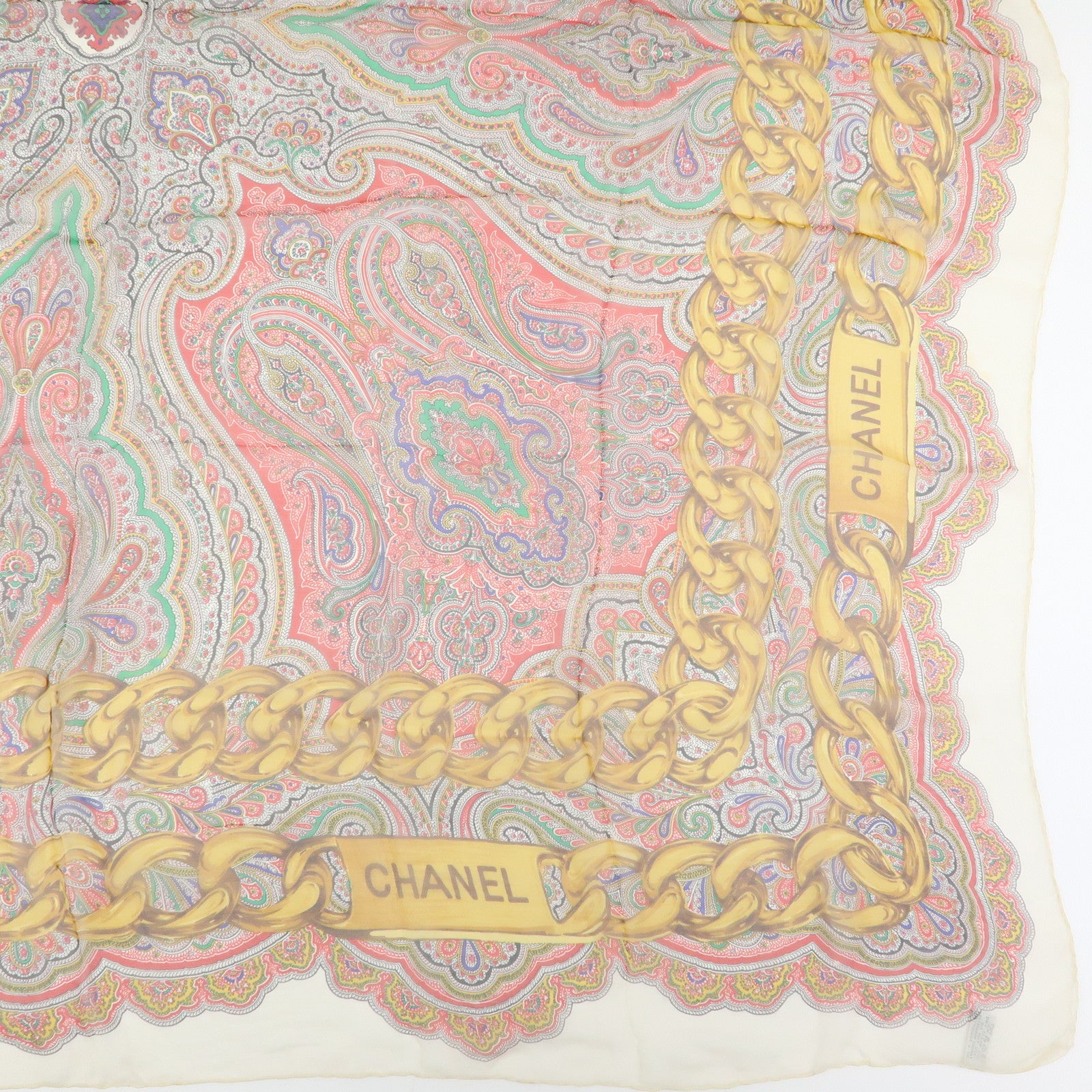 CHANEL Silk 100% Paisley Chain Pattern Scarf Gold Red