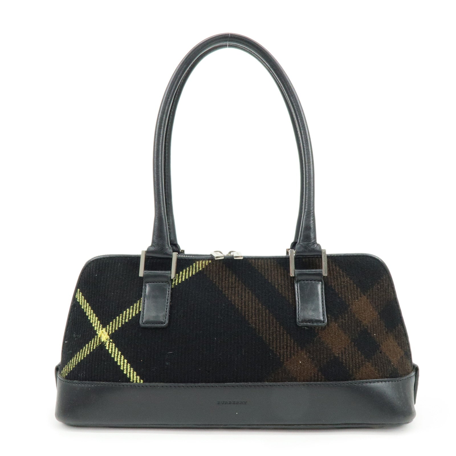 BURBERRY Plaid Canvas Leather Shoulder Bag Hand Bag Black Brown