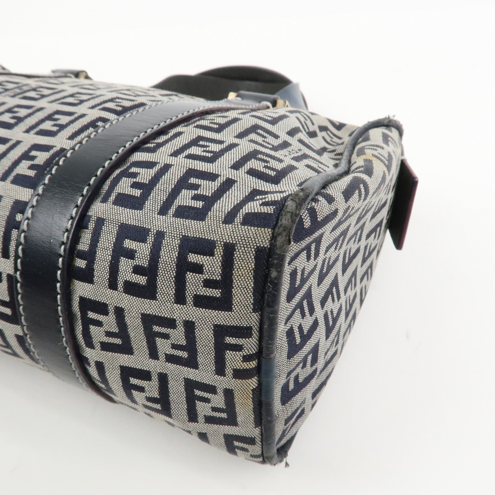 FENDI Zucchino Canvas Leather Hand Bag Mini Boston Bag Navy 16327