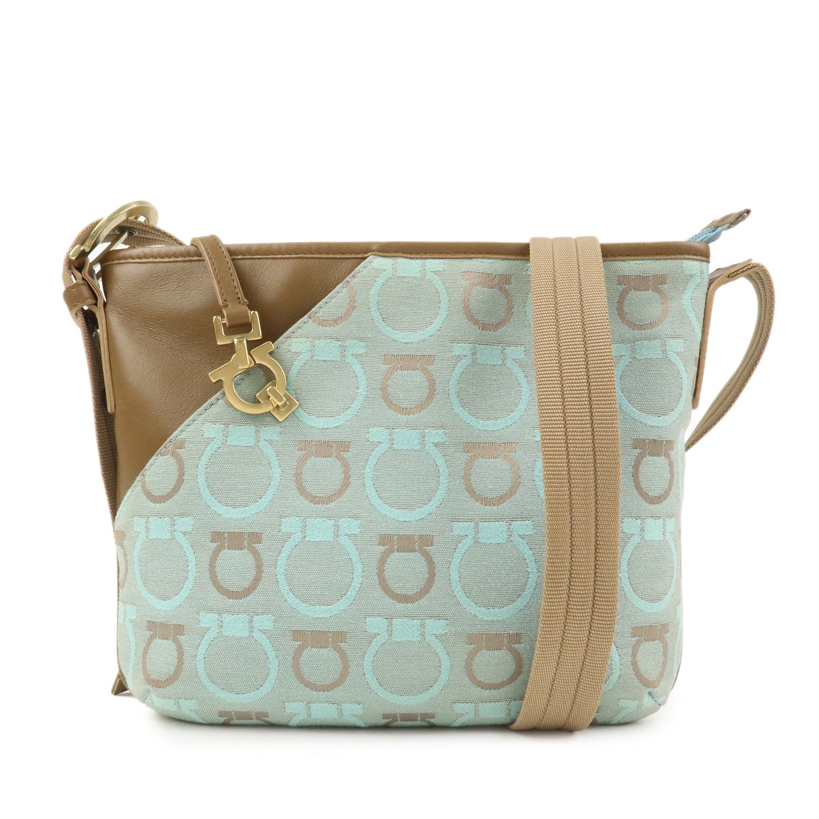 Ferragamo Gancini Logo Canvas Leather Shoulder Bag Light Blue Brown