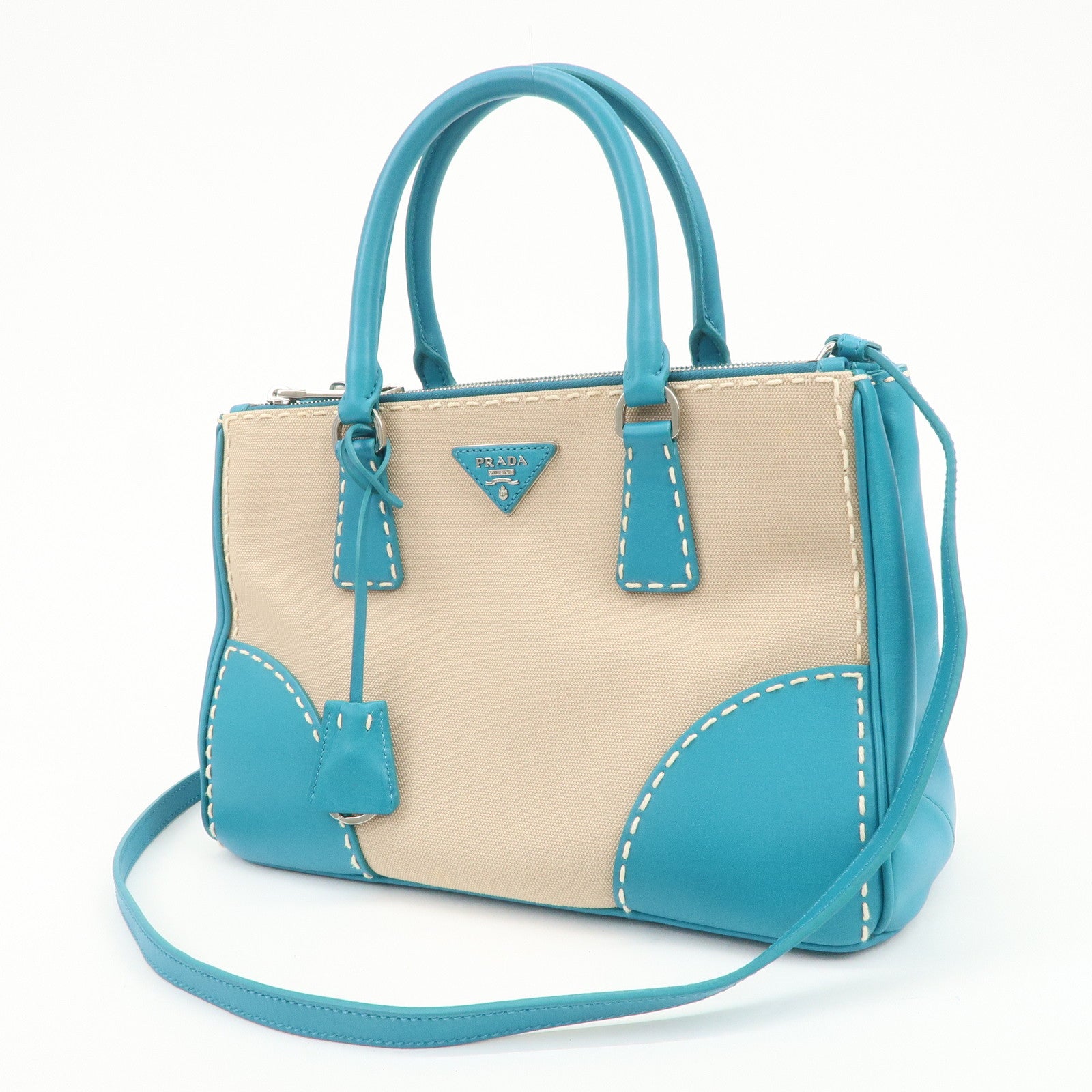 PRADA Triangle Logo Canvas 2Way Bag Hand Bag Tote Bag Blue B1801K