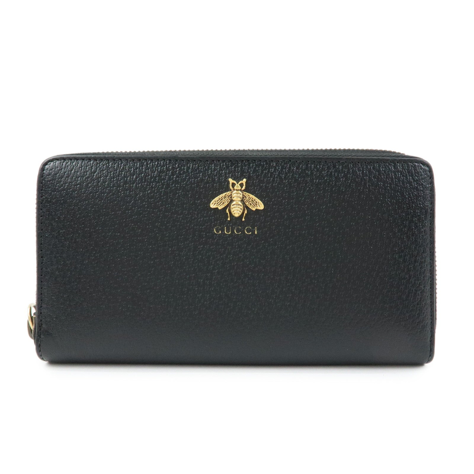 GUCCI Animalier Bee Leather Zip-Around Long Wallet Black 523667