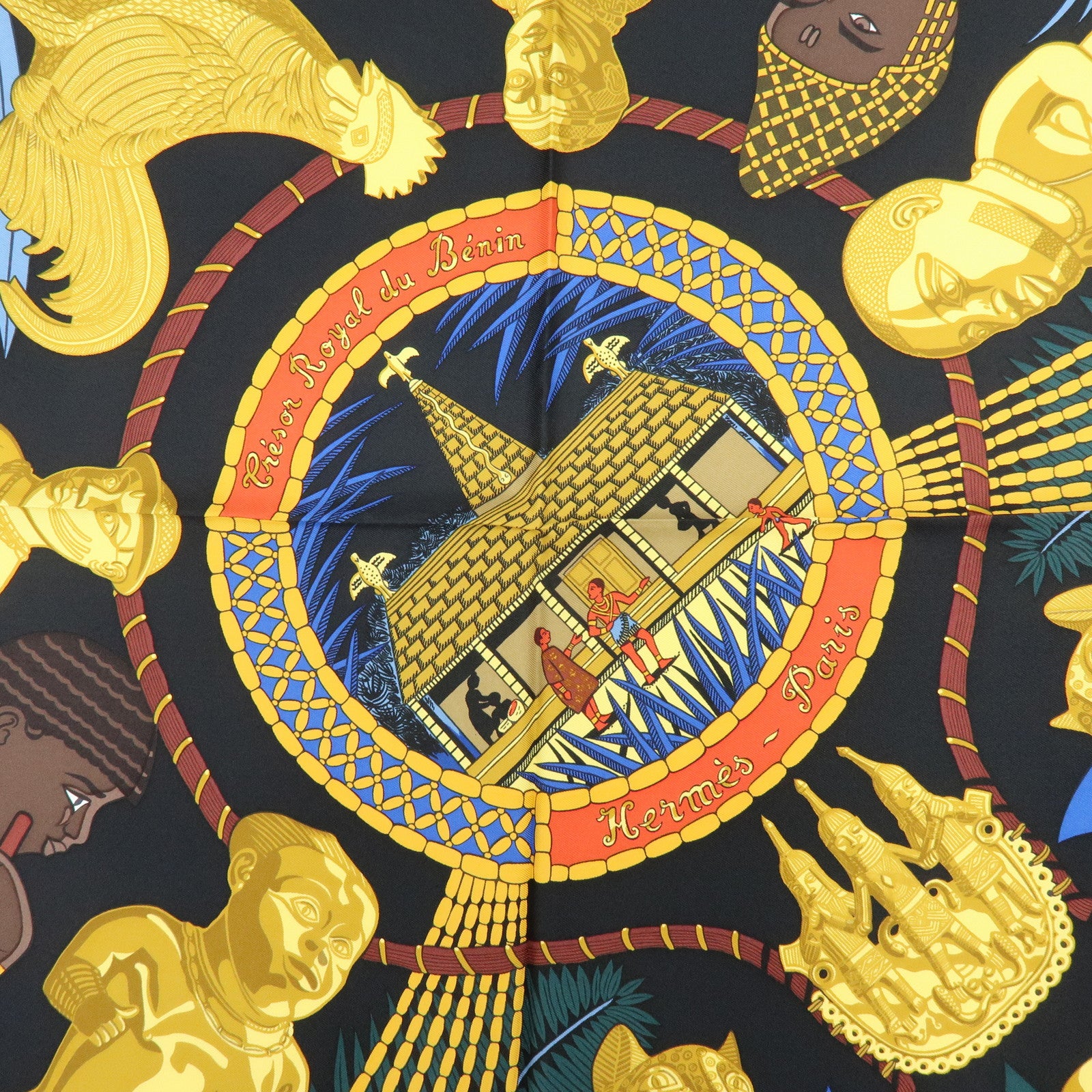 HERMES Carre 90 Silk 100% Scarf Tresor Royal Du Benin Black