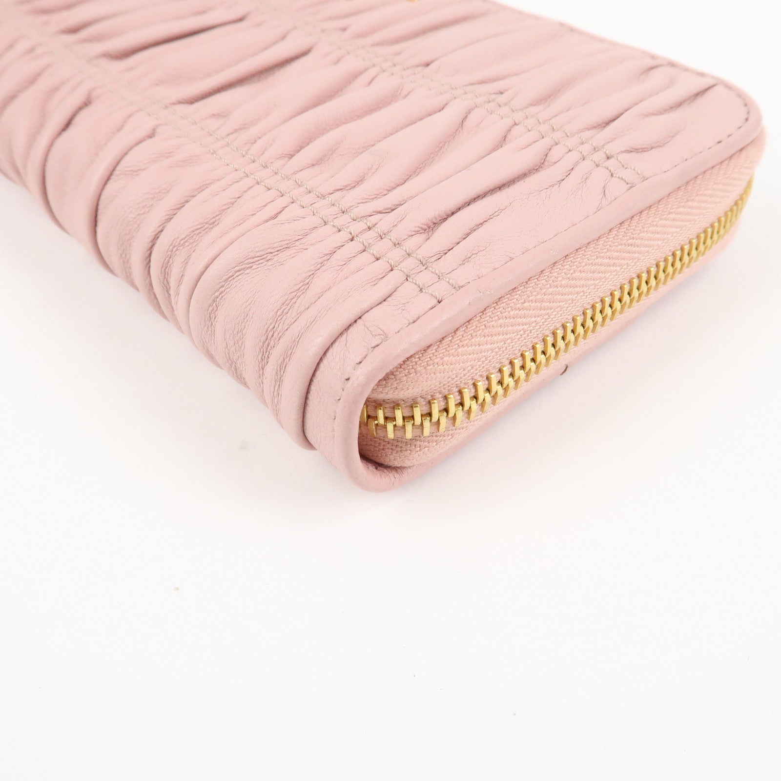 PRADA Leather Gather Round Zippy Wallet Gold Hardware Pink 1M0506 Used