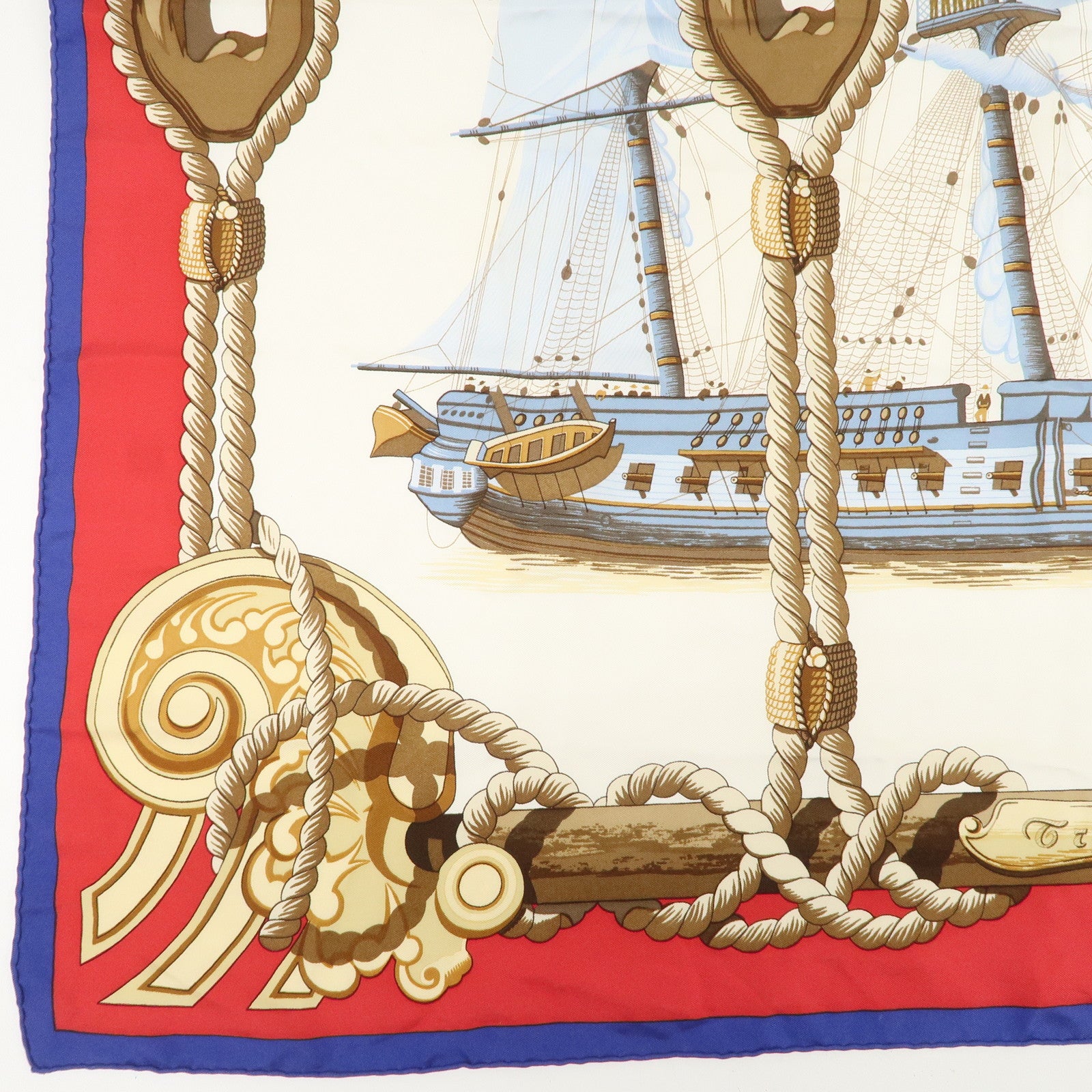 HERMES Carre 90 Silk 100% Lephyr Scarf Ivory Red Blue