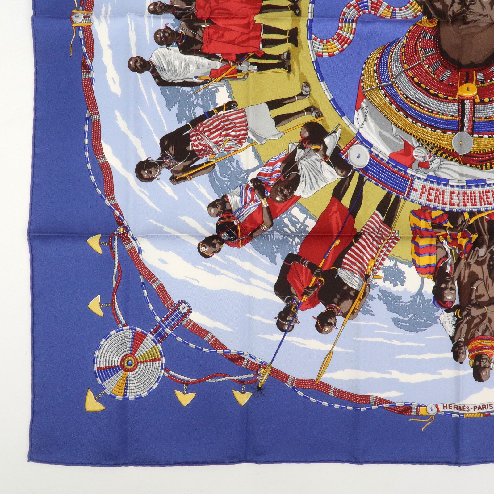 HERMES Carre 90 Silk 100% Scarf PERLES DU KENYA Blue Multicolor