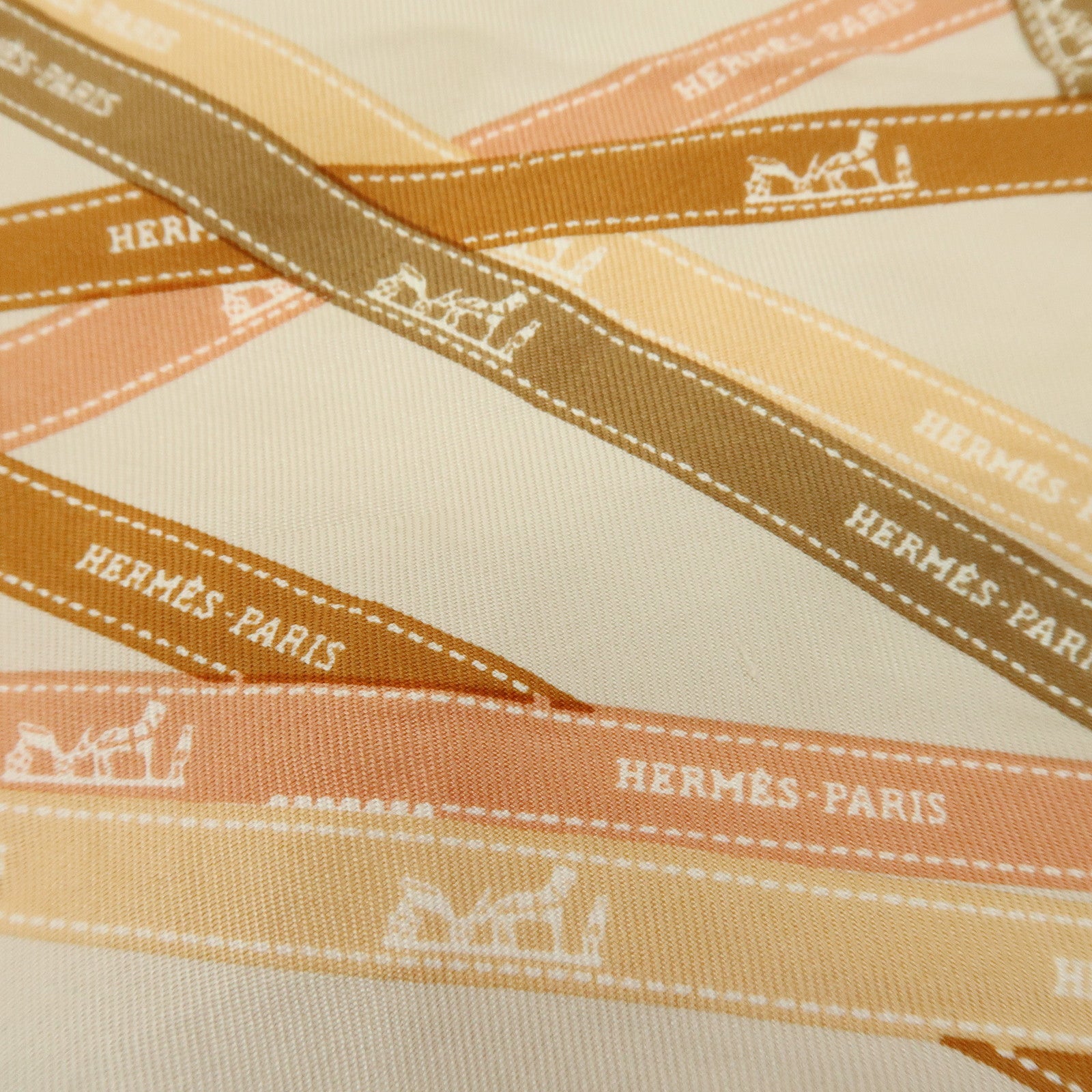 HERMES Pointu Set of 2 Silk 100% Scarf Ribbon Print Orange Beige