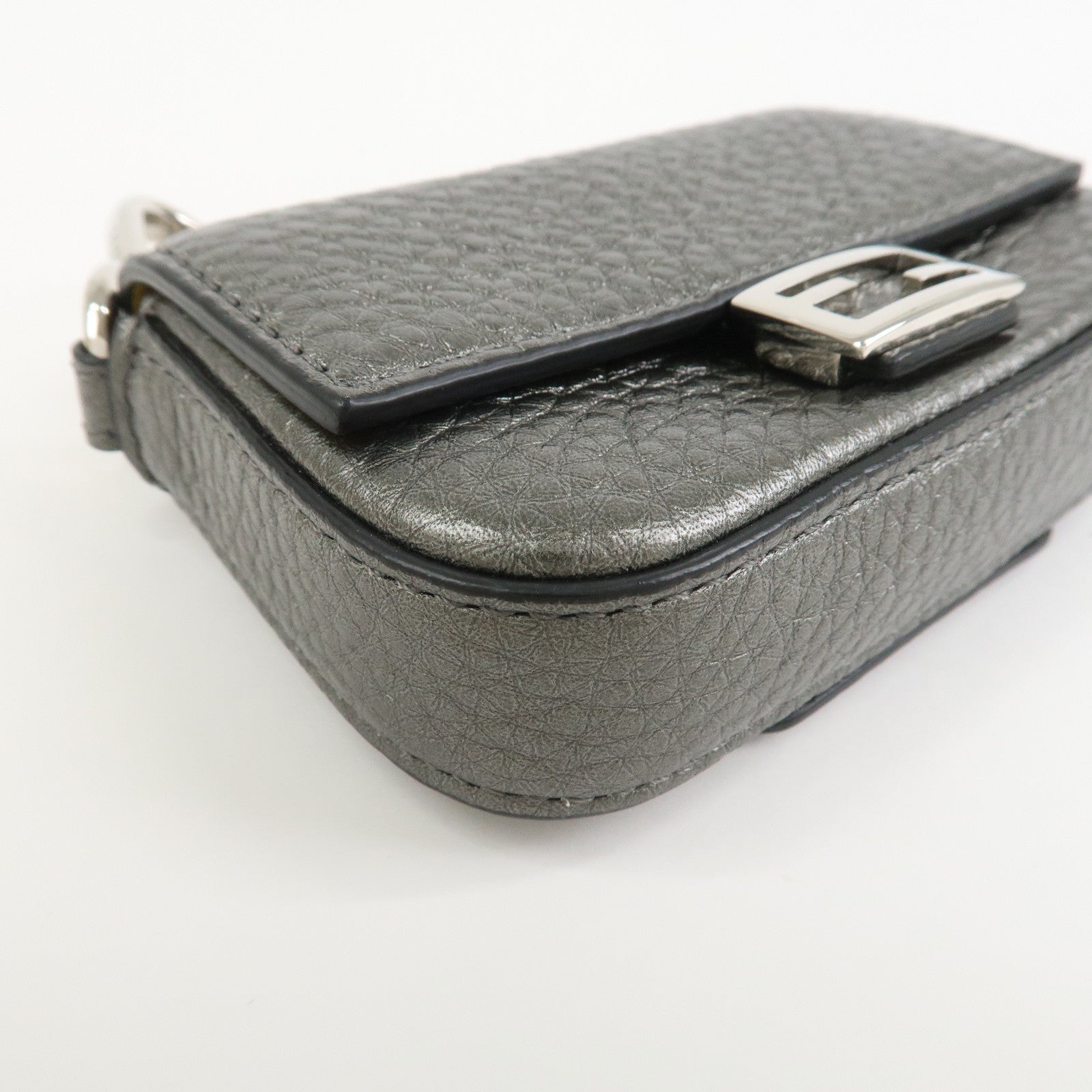 FENDI Nano Baguette Calf Leather Bag Charm Key Chain Silver 7AR809