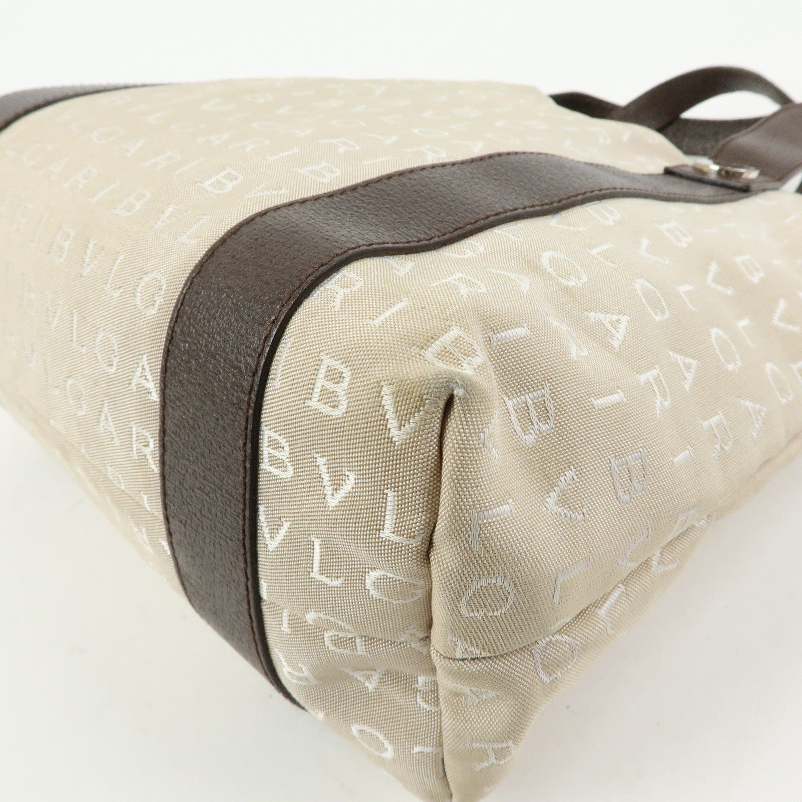 BVLGARI Logo Mania Canvas Leather Tote Bag Hand Bag Beige Brown