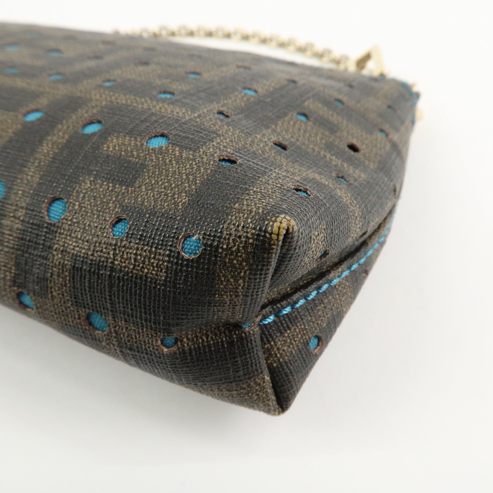 FENDI Zucca PVC Canvas Chain Accessory Pouch Brown Blue 8BR592