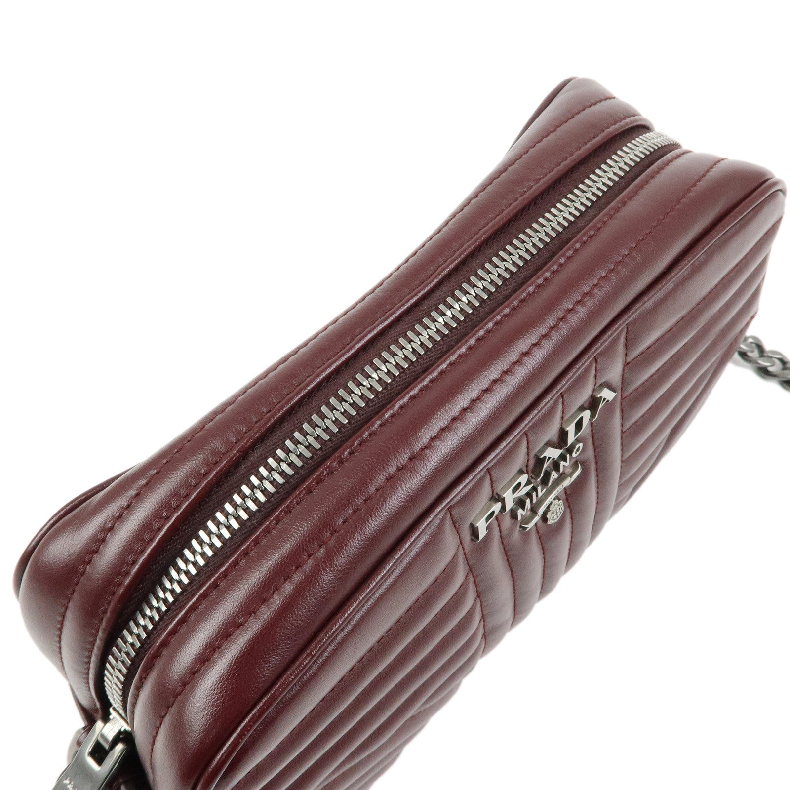 PRADA Leather Chain Shoulder Bag Crossbody Bag Bordeaux 1BH083