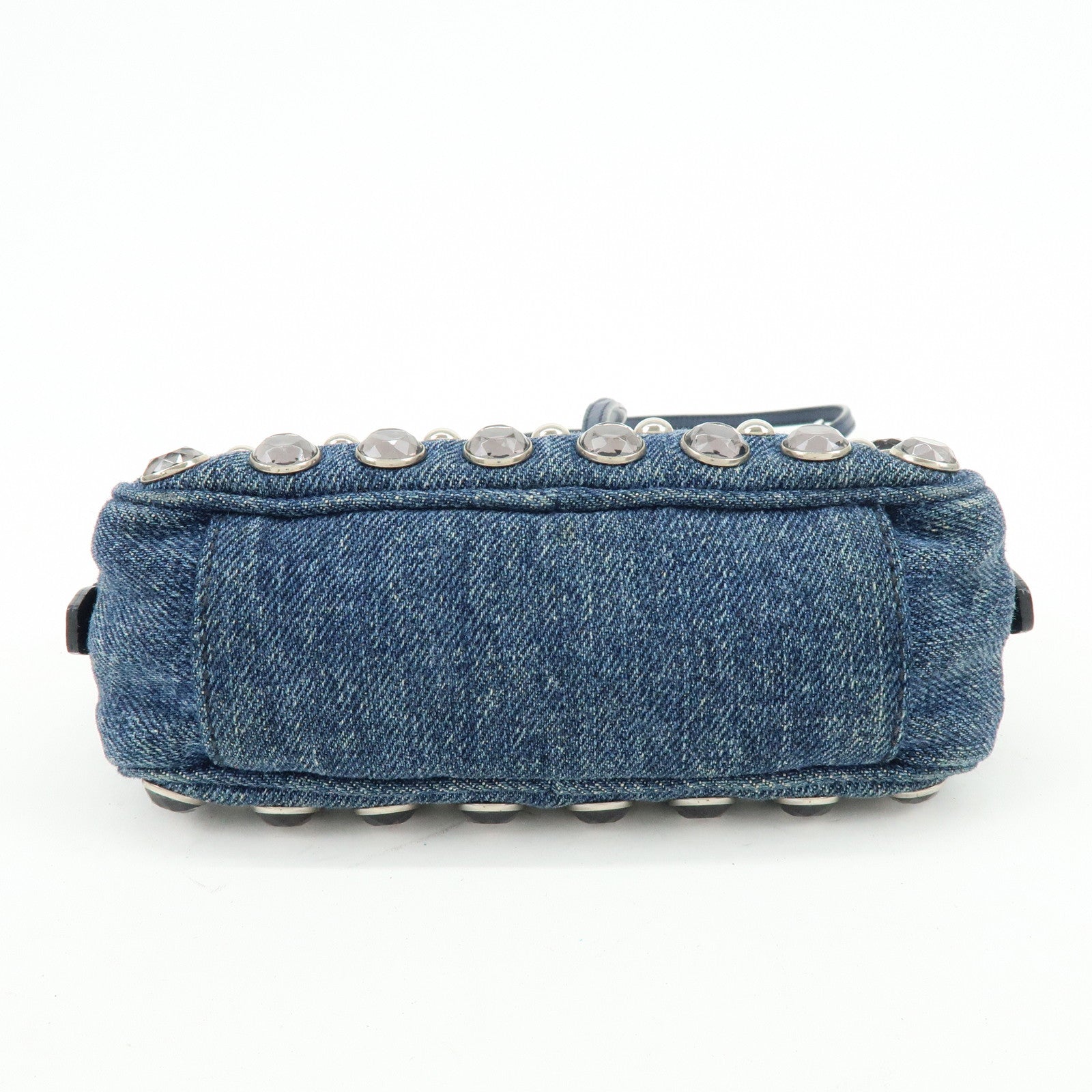 PRADA Logo Denim Shoulder Bag Crossbody Bag Rhinestone Blue