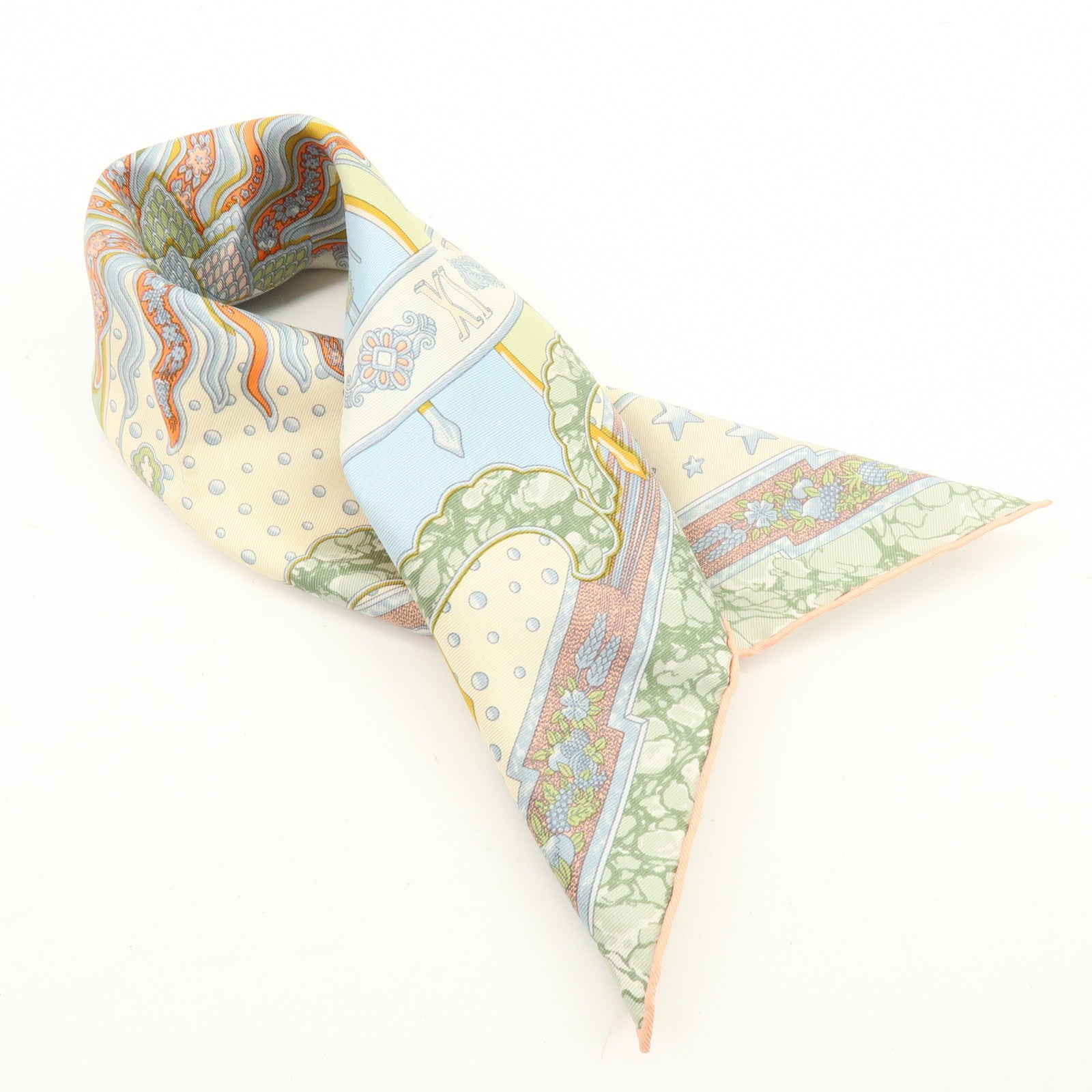 HERMES Carre 40 Silk 100% GLORIA SOLI Scarf Ivory Green Multicolor