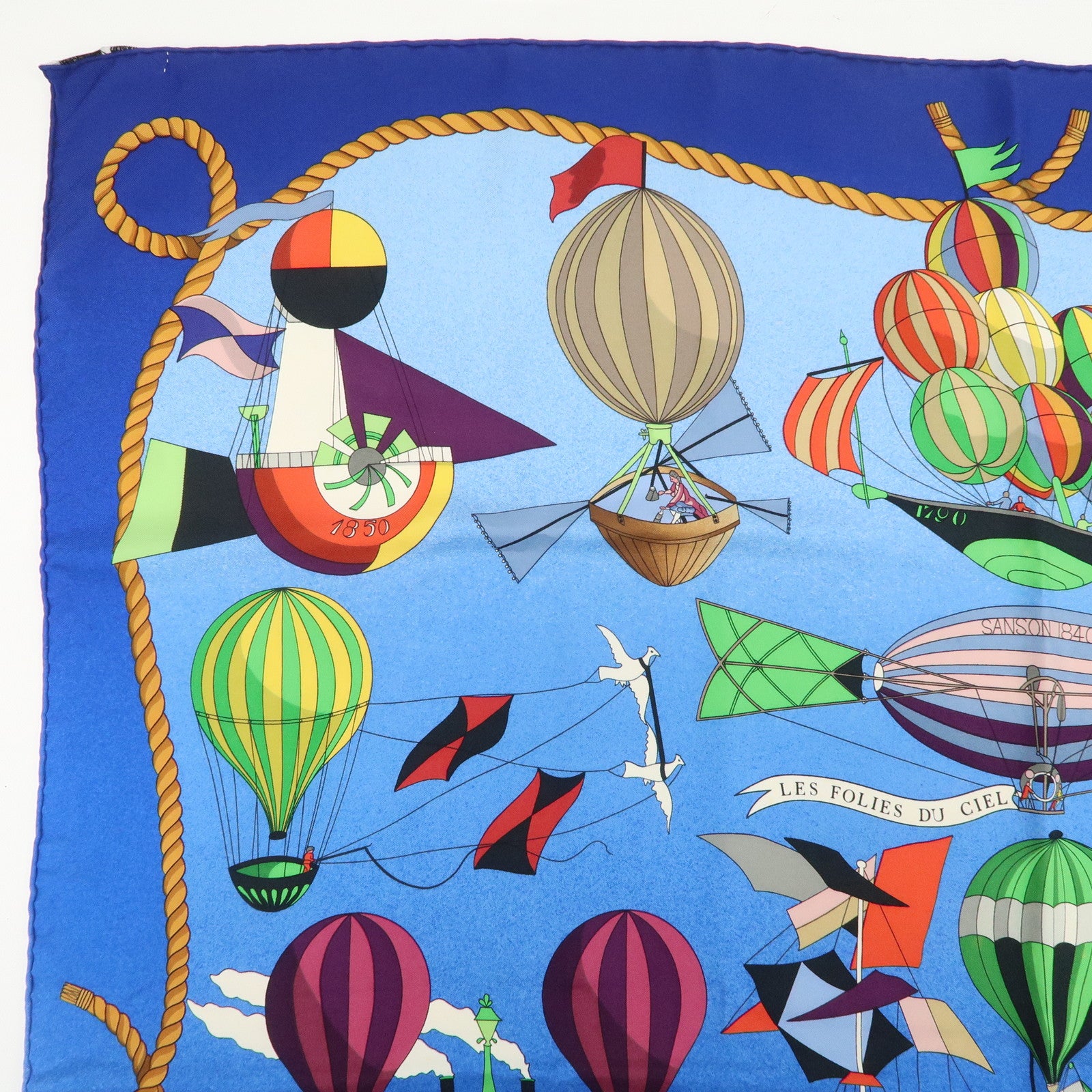 HERMES Carre 90 Silk 100% LES FOLIES DU CIEL Scarf Blue Multicolor