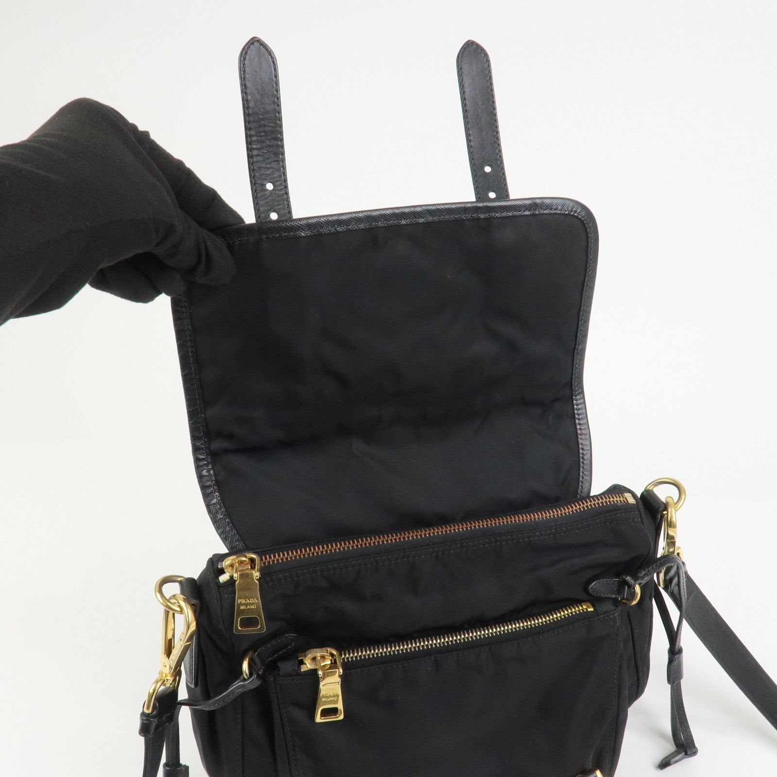 PRADA Logo Nylon Saffiano Leather Shoulder Bag Crossbody Bag Black