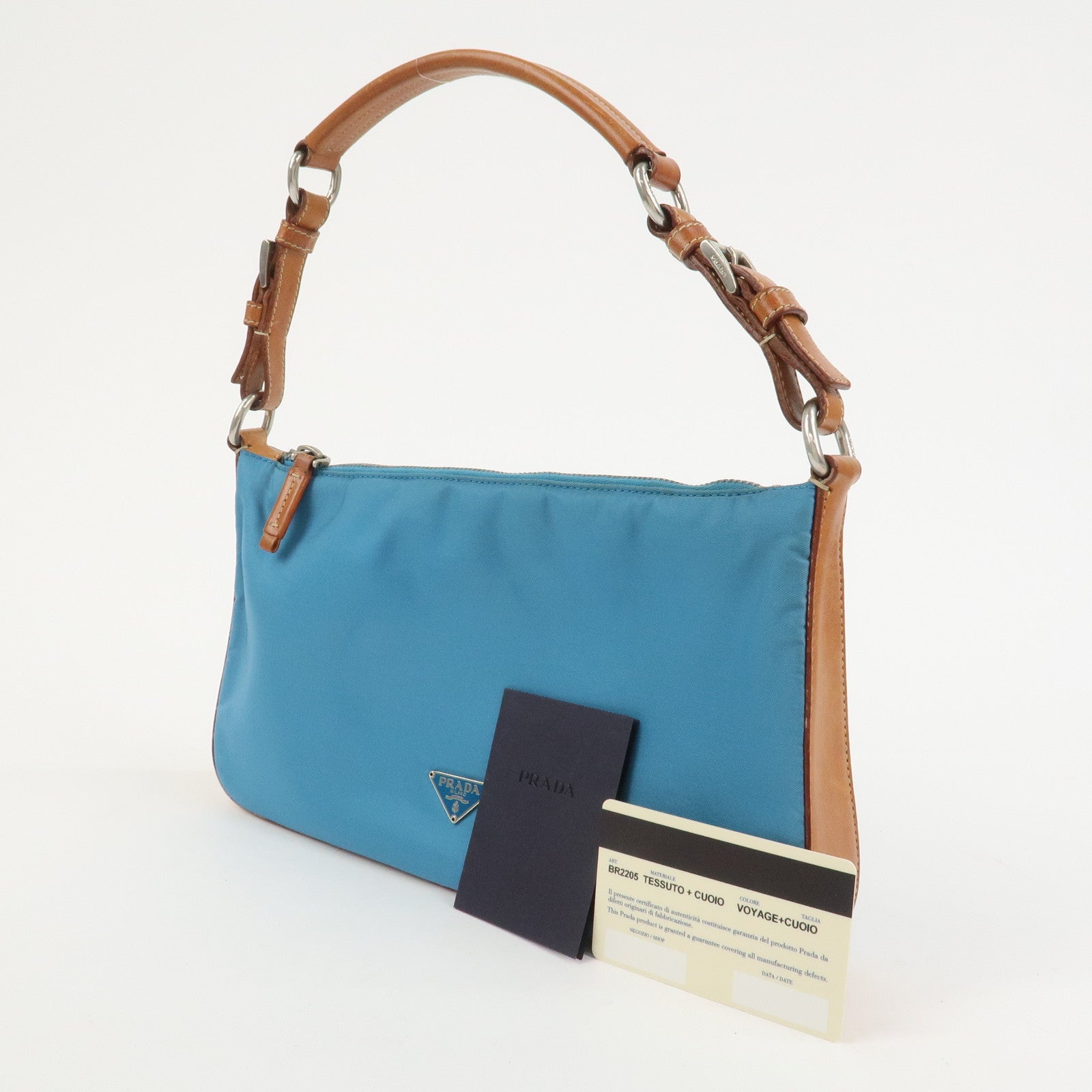 PRADA Triangle Logo Nylon Leather Shoulder Bag Blue Brown BR2205