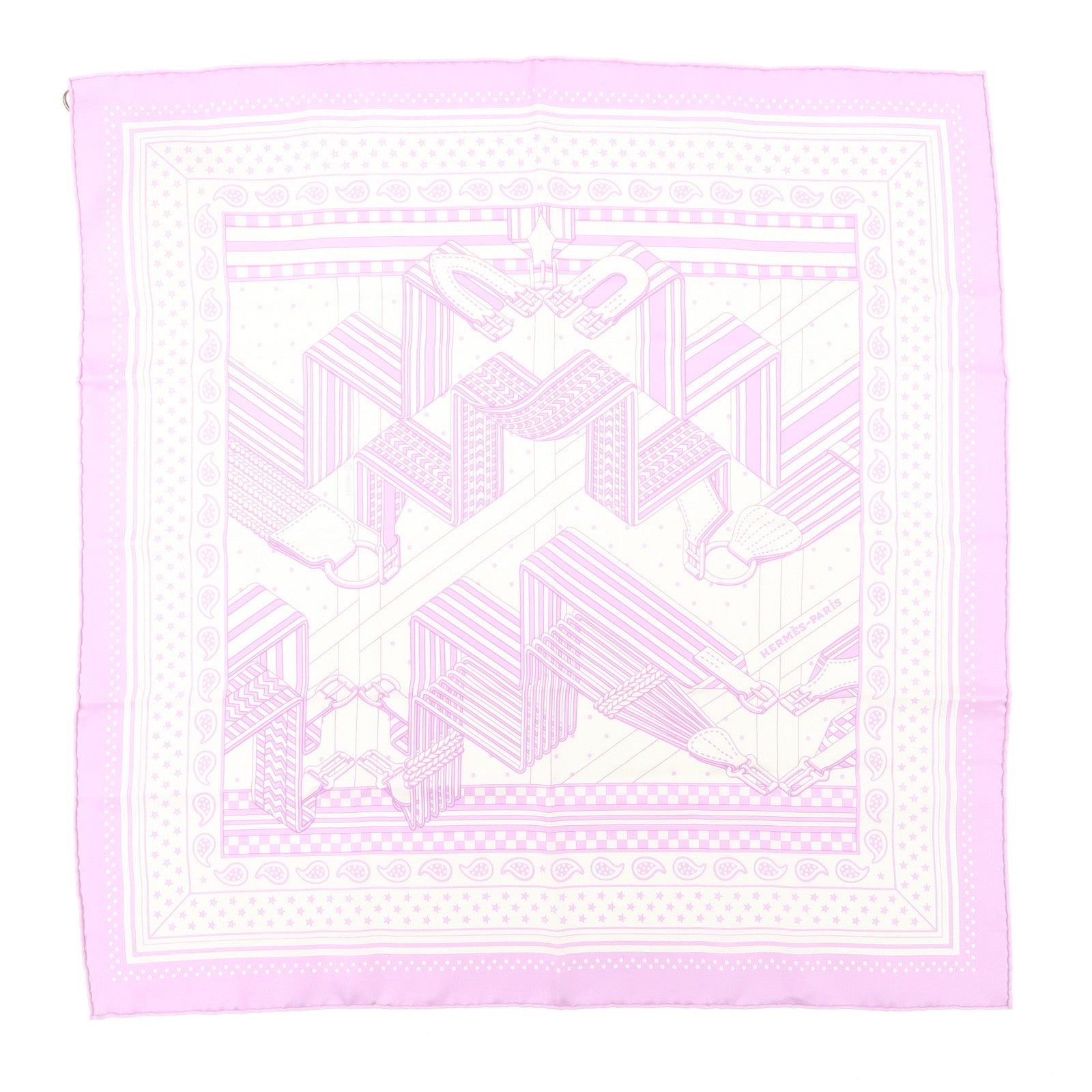 HERMES Carre 55 Silk 100% Scarf SANGLEA EN ZIGZAG Purple White