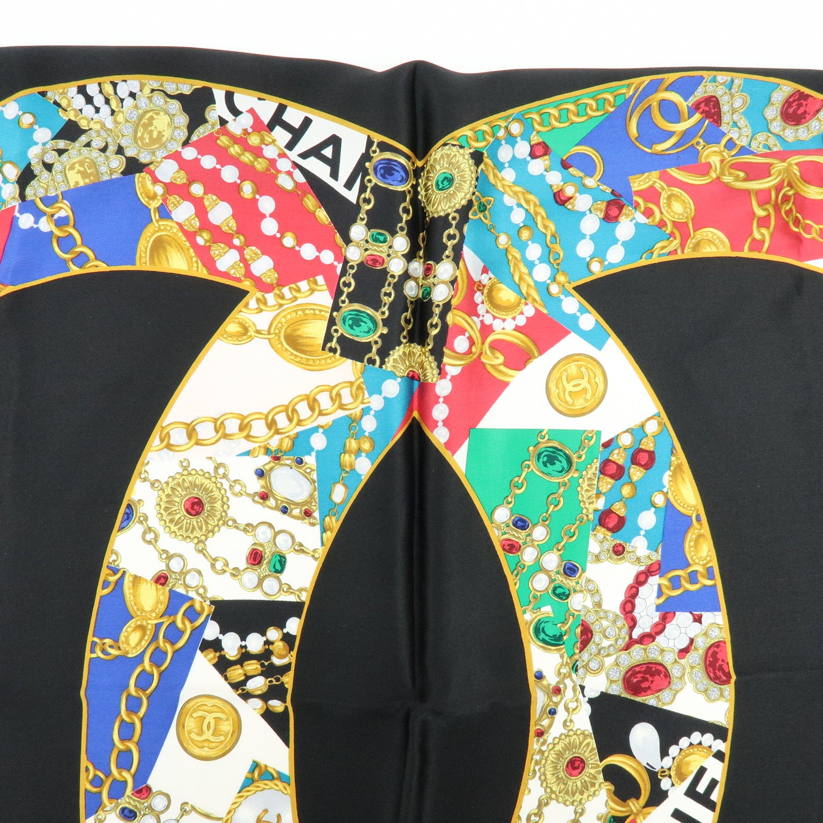 CHANEL COCO Mark Jewelry Motif Silk 100% Scarf Black Multicolor