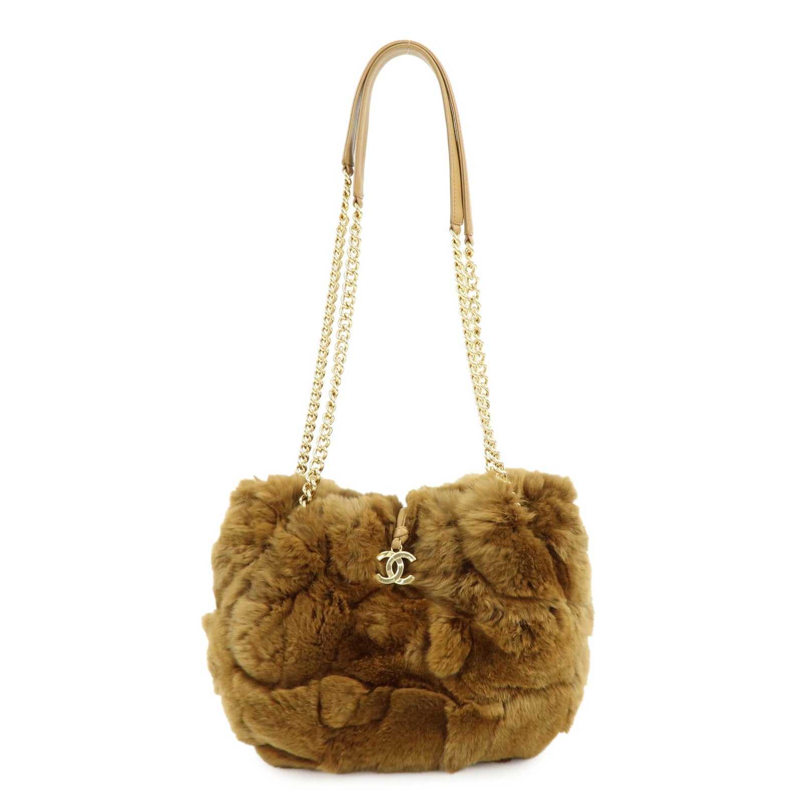 CHANEL COCO Mark Fur Lamb Skin Chain Shoulder Bag Brown