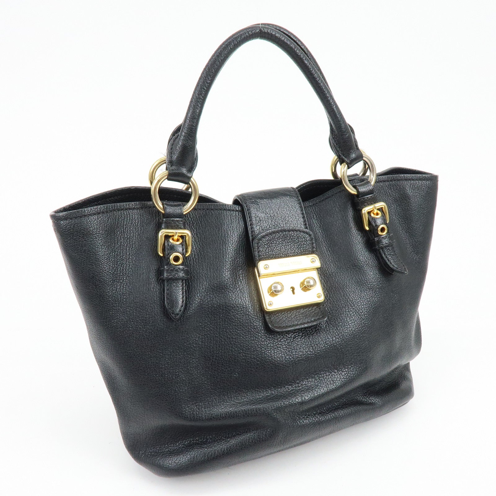 MIU MIU Logo Madras Leather Hand Bag Tote Bag Black