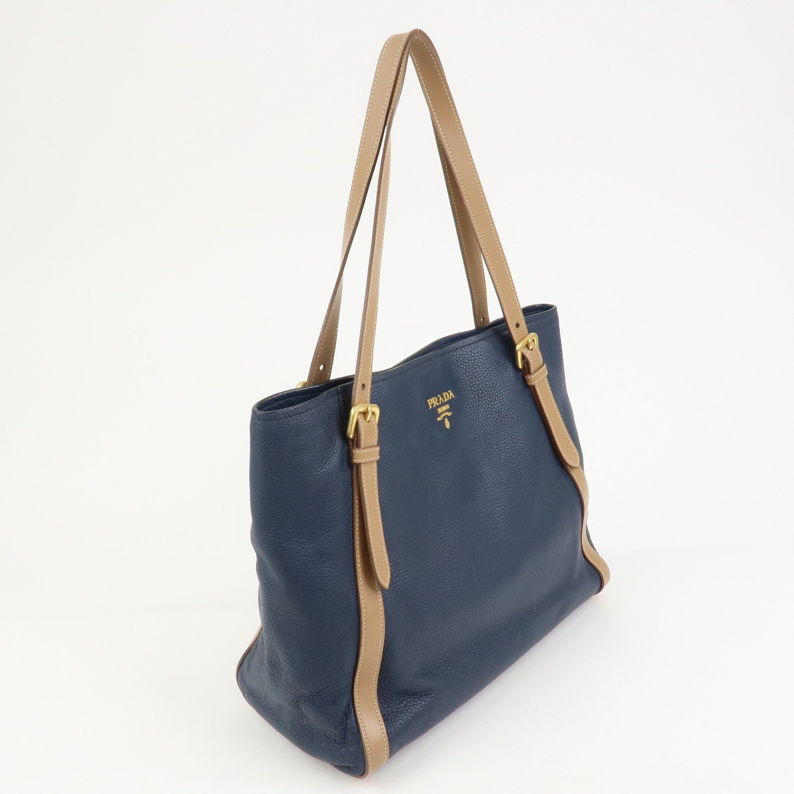 PRADA Logo Leather Tote Bag Shoulder Bag Navy Light Brown 1BG064