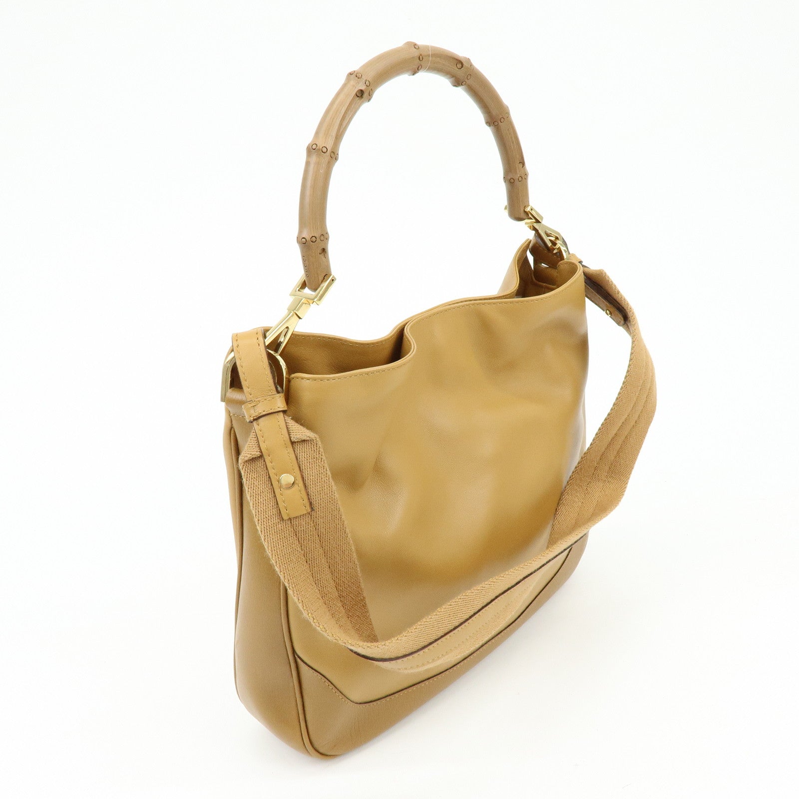 GUCCI Bamboo Leather 2Way Bag Hand Bag Shoulder Bag Brown 001・4095