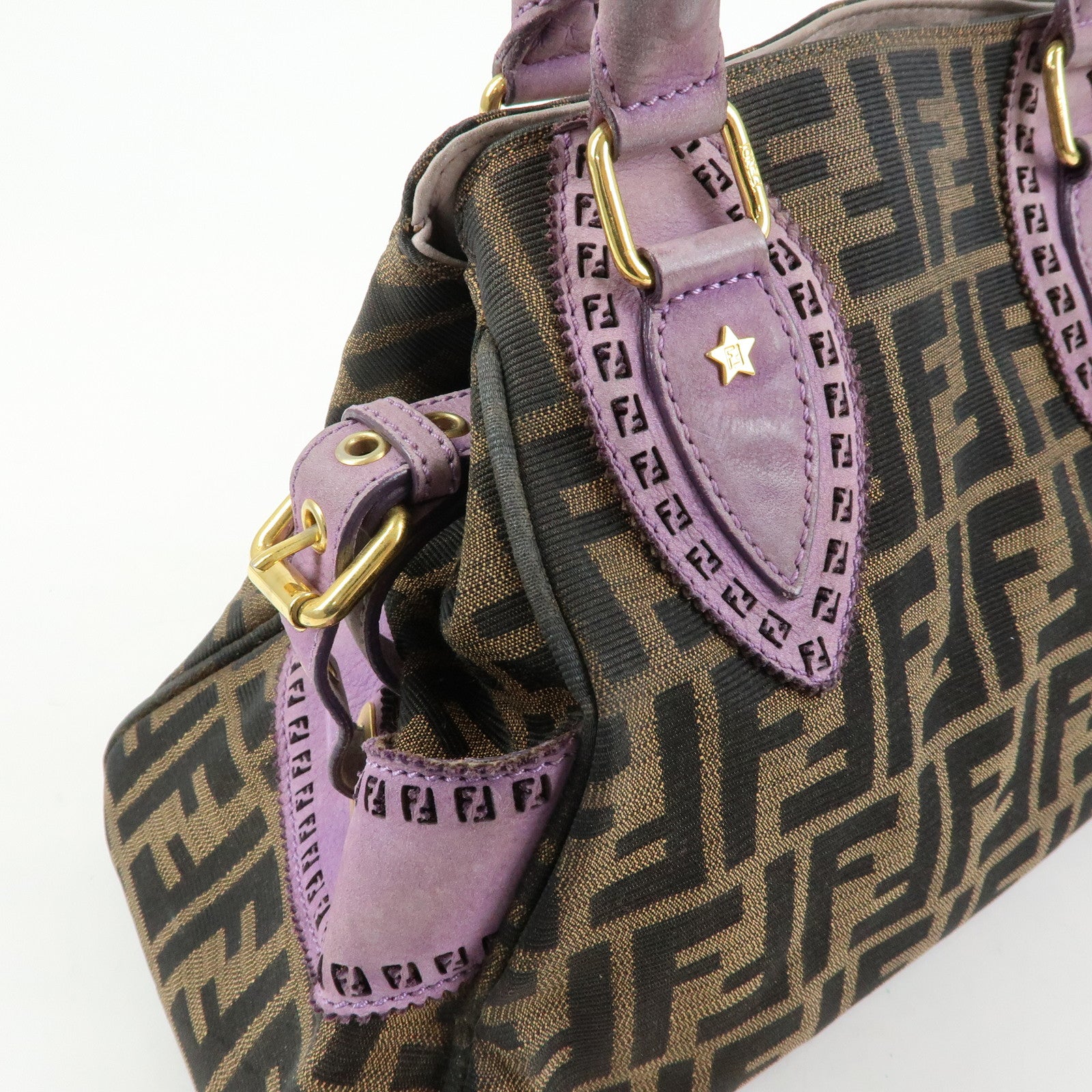 FENDI Ethnico Zucca Canvas Leather Shoulder Bag Brown Purple 8BN157