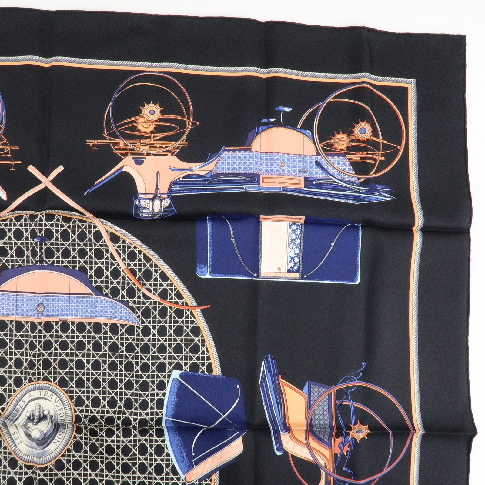 HERMES Carre 90 Silk 100% Scarf CAVALIERS FEULS Knight Print Navy Used