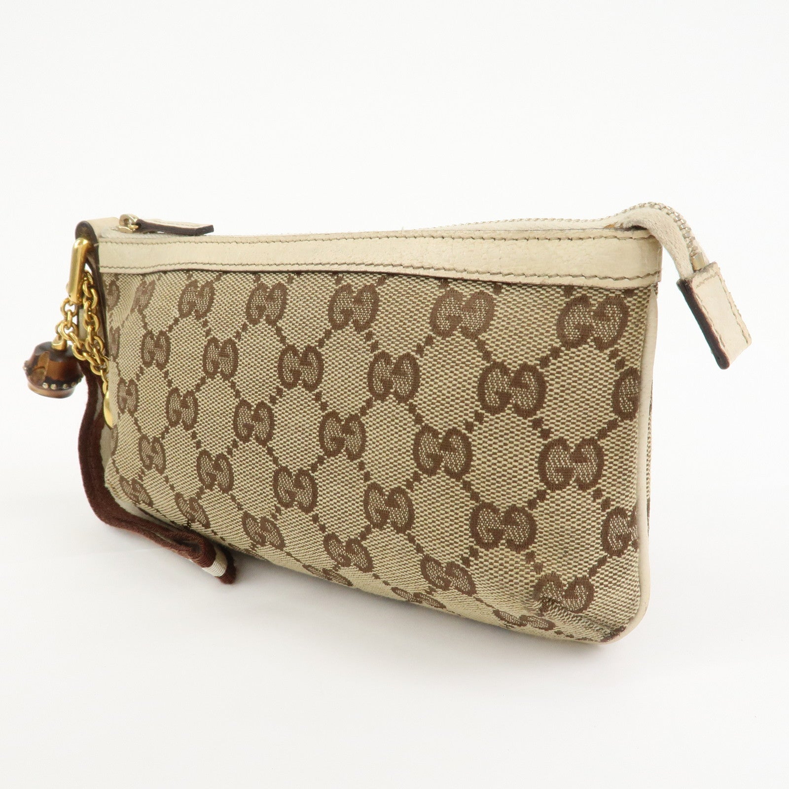 GUCCI Bamboo GG Canvas Leather Cosmetic Pouch Clutch Beige 159913