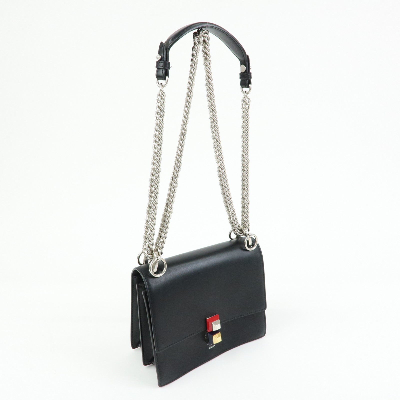 FENDI Kan I Mini Leather Chain Shoulder Crossbody Bag Black 8M0381
