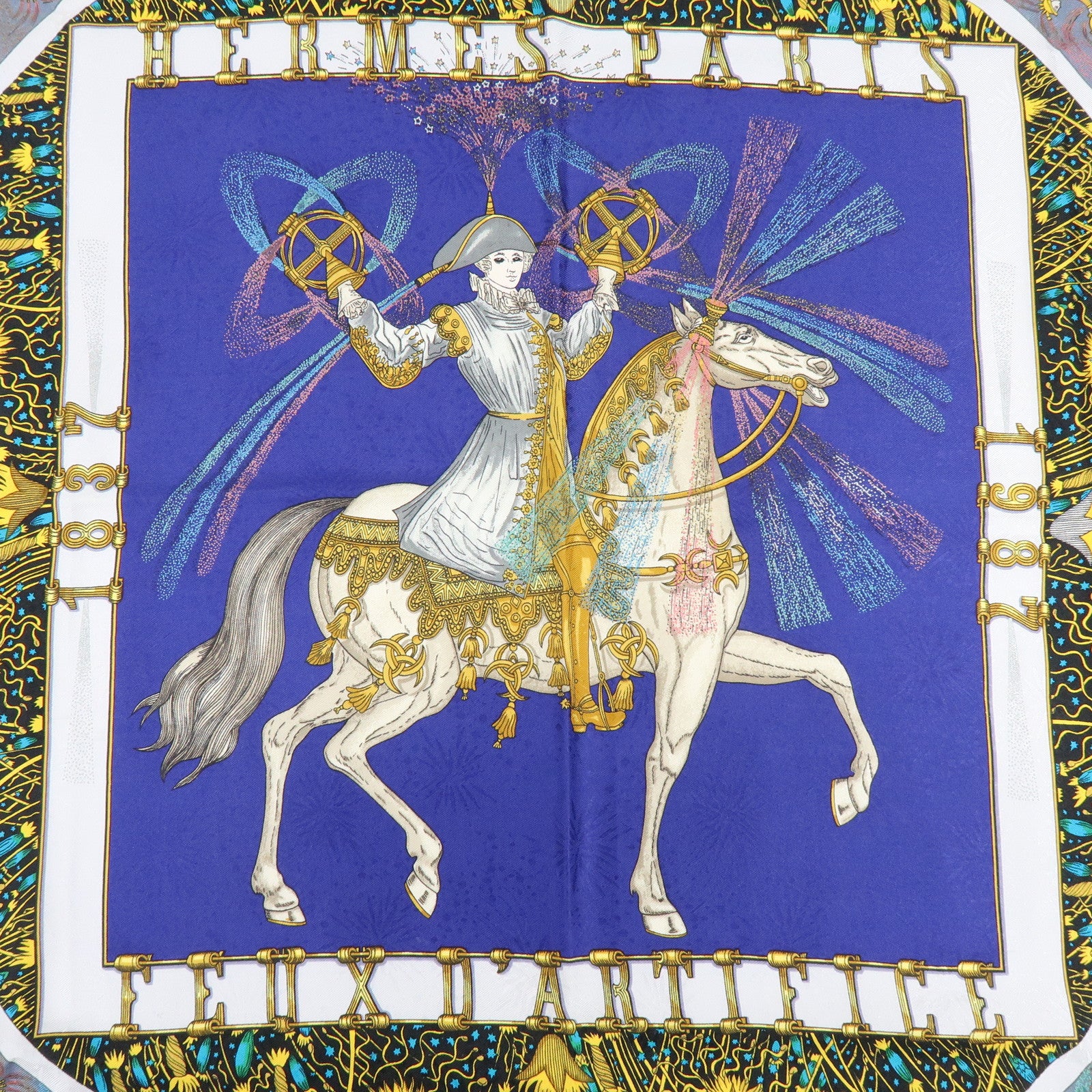HERMES Carre 90 Silk 100% Scarf FEUX D’ARTIFICE Blue