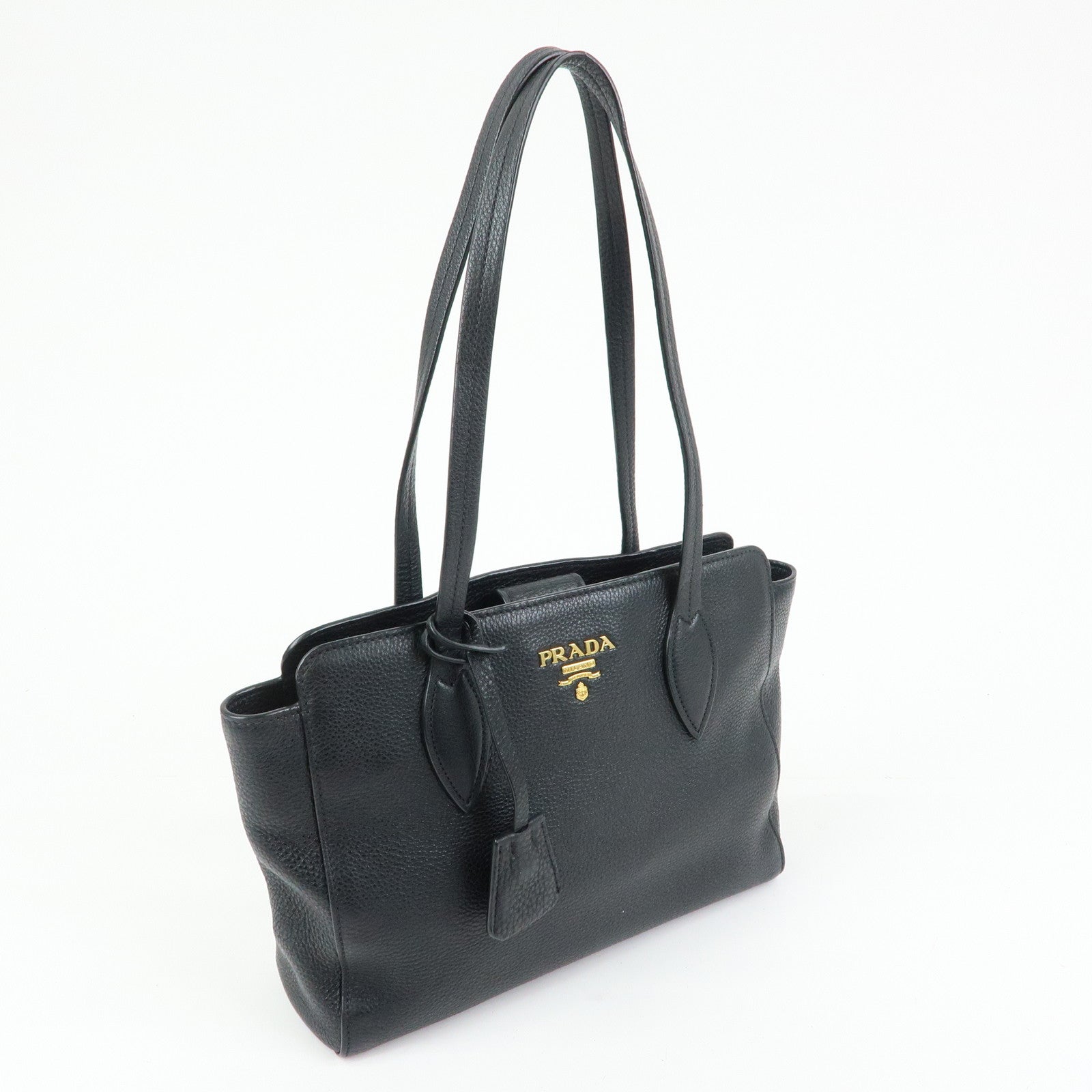 PRADA Logo Grain Calf Leather Tote Bag Shoulder Bag Black 1BG112