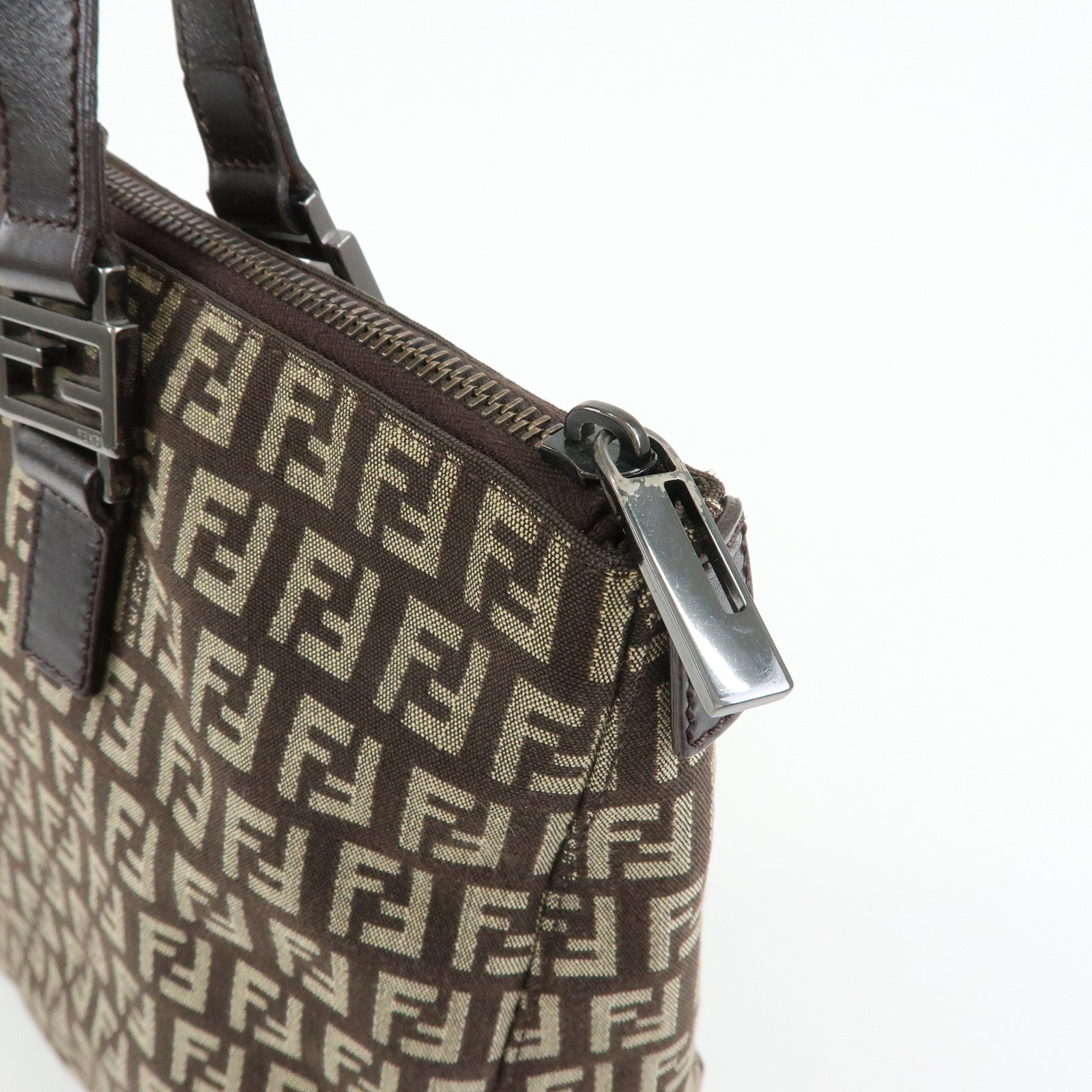 FENDI Zucchino Canvas Leather Tote Bag Hand Bag Brown 8BH138