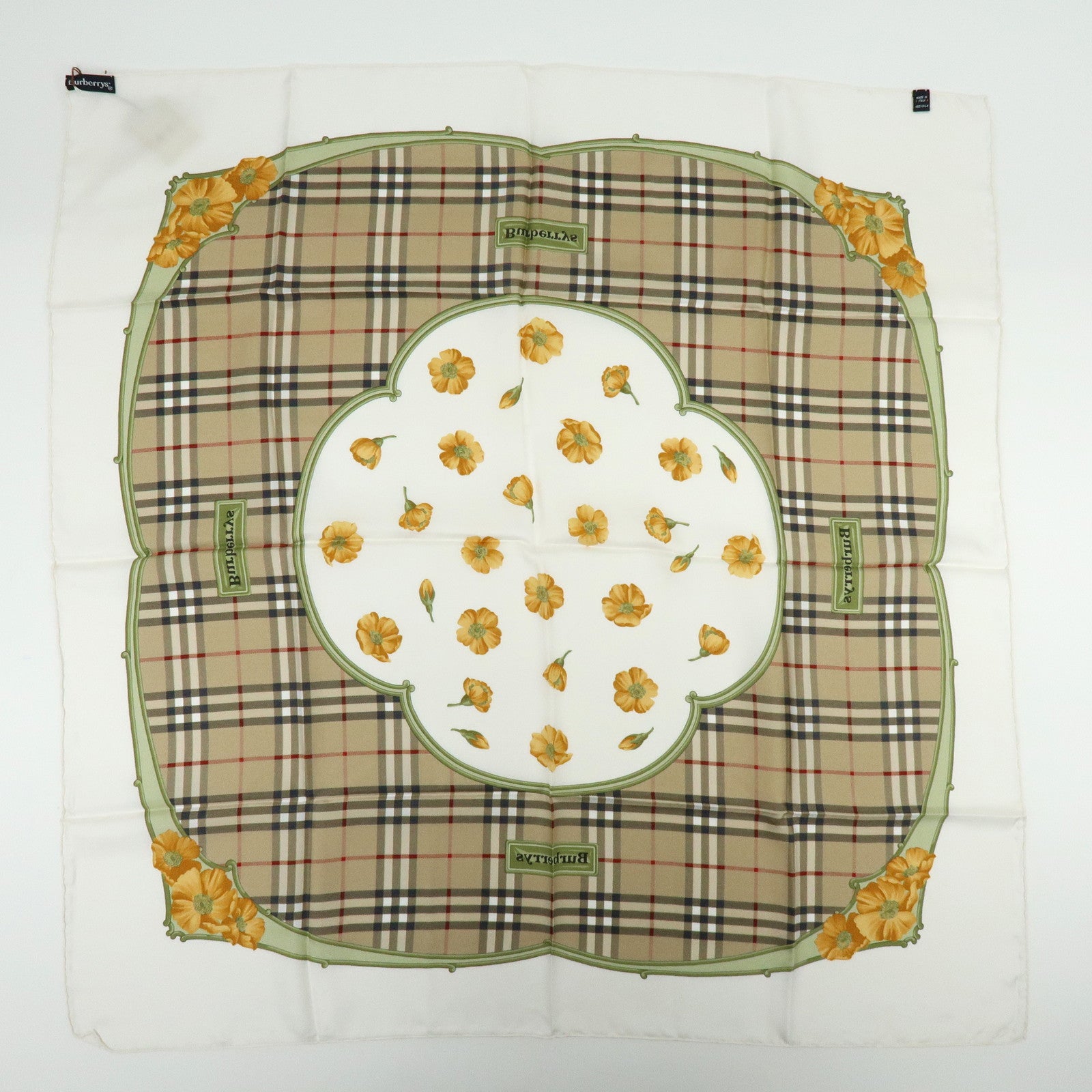BURBERRY Nova Plaid Flower Motif Silk 100% Scarf Beige White Orange