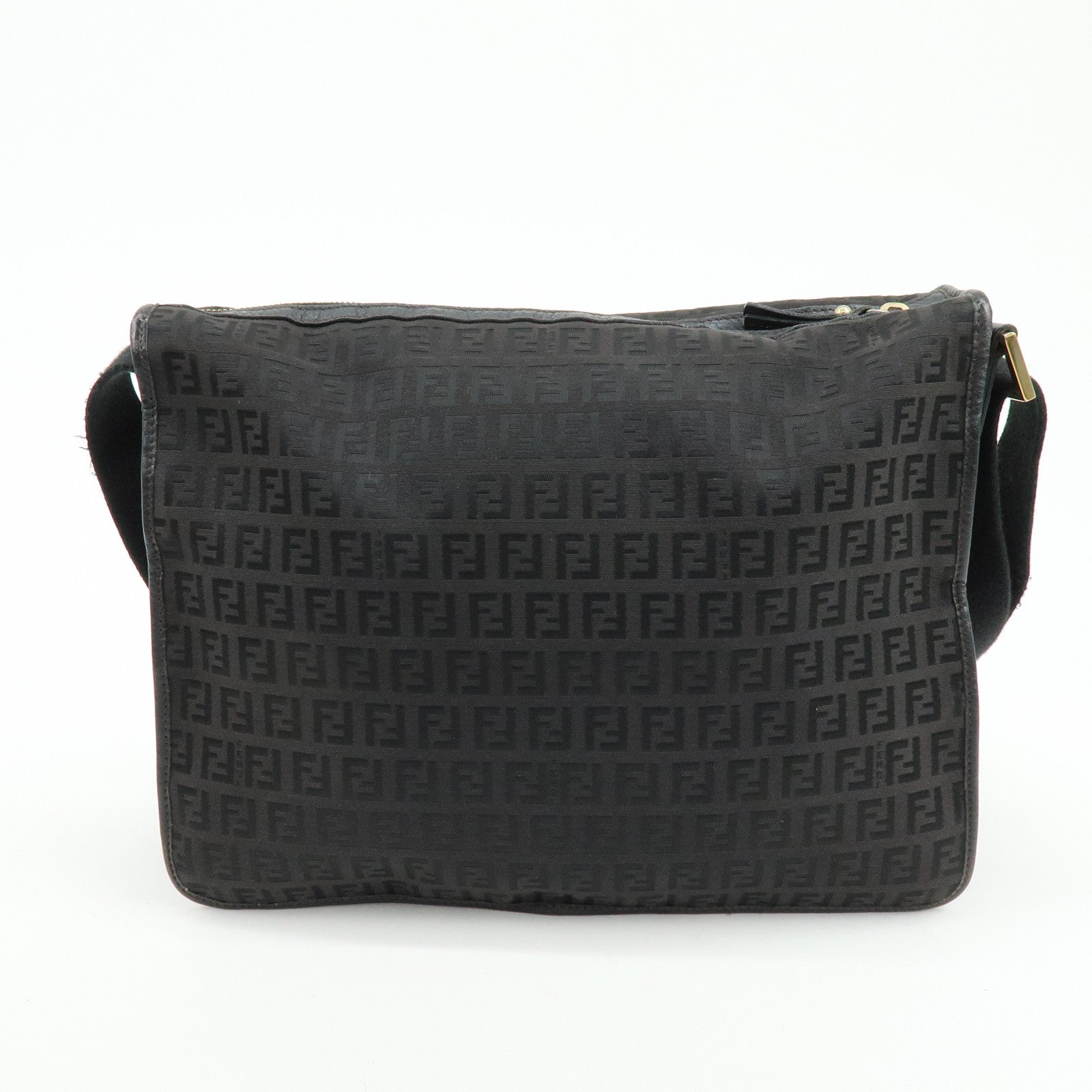 FENDI Zucchino Canvas Leather Shoulder Bag Dark Brown 8BT090