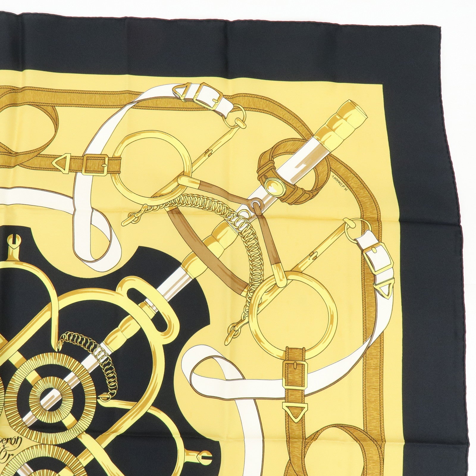 HERMES Carre 90 Set of 2 Silk 100% Scarf Black Gold Bordeaux
