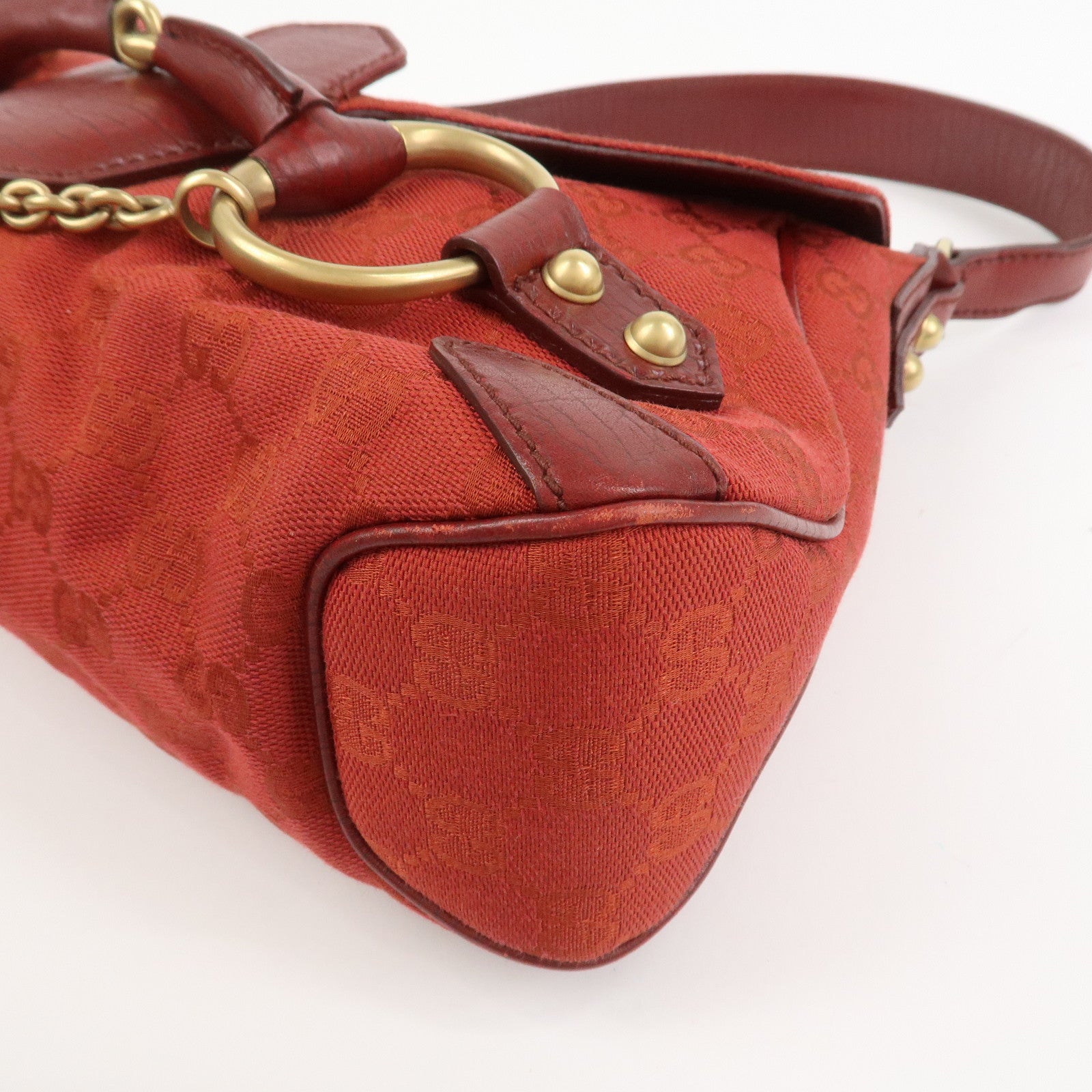 GUCCI Horsebit GG Monogram Canvas Leather Hand Bag Red