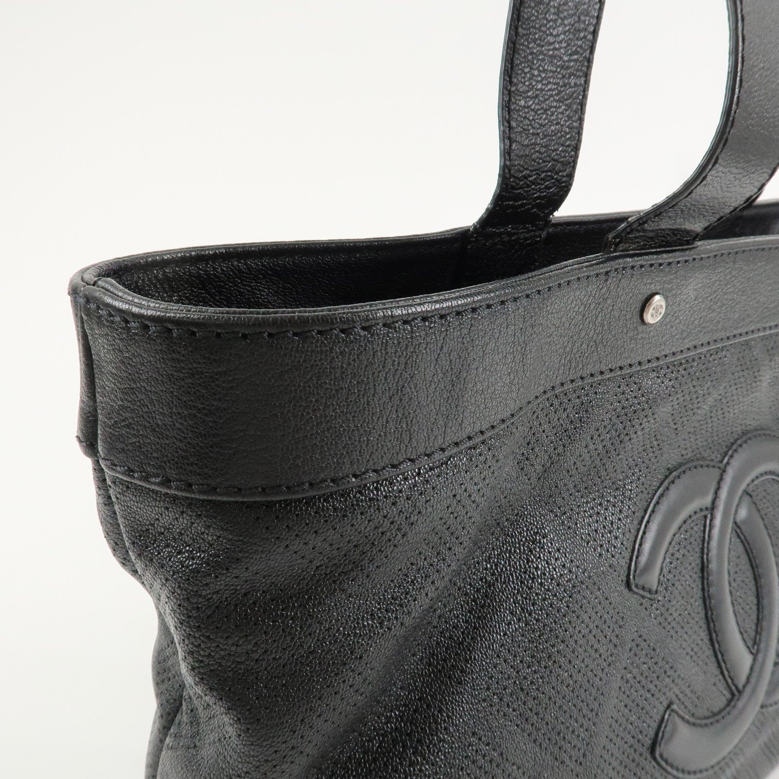 CHANEL COCO Mark Patent Leather Punchcing Tote Bag Shoulder Bag Black Used