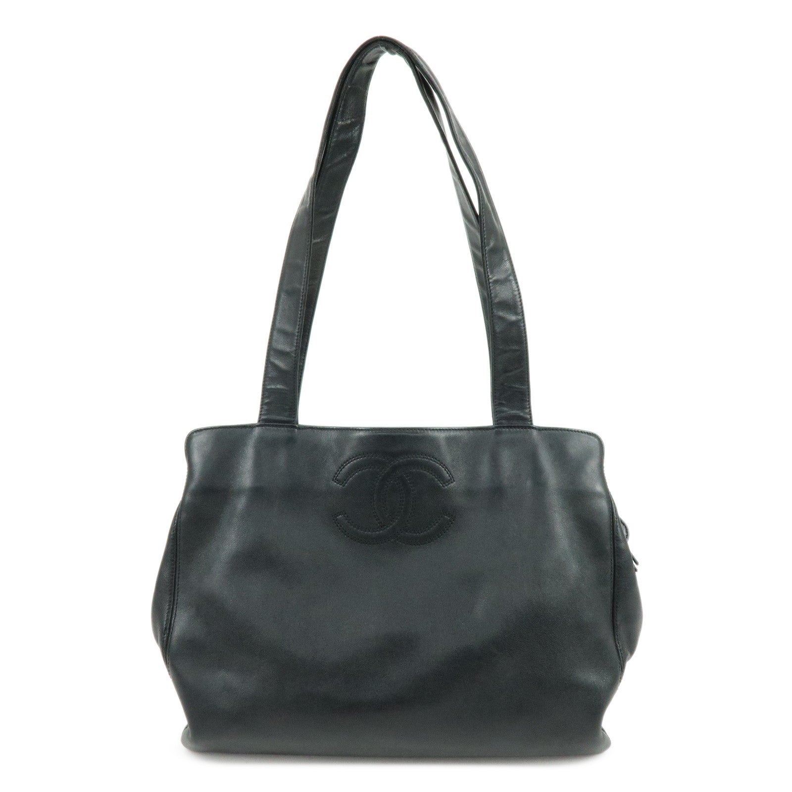 CHANEL Calf Leather Tote Bag Shoulder Bag Hand Bag Black