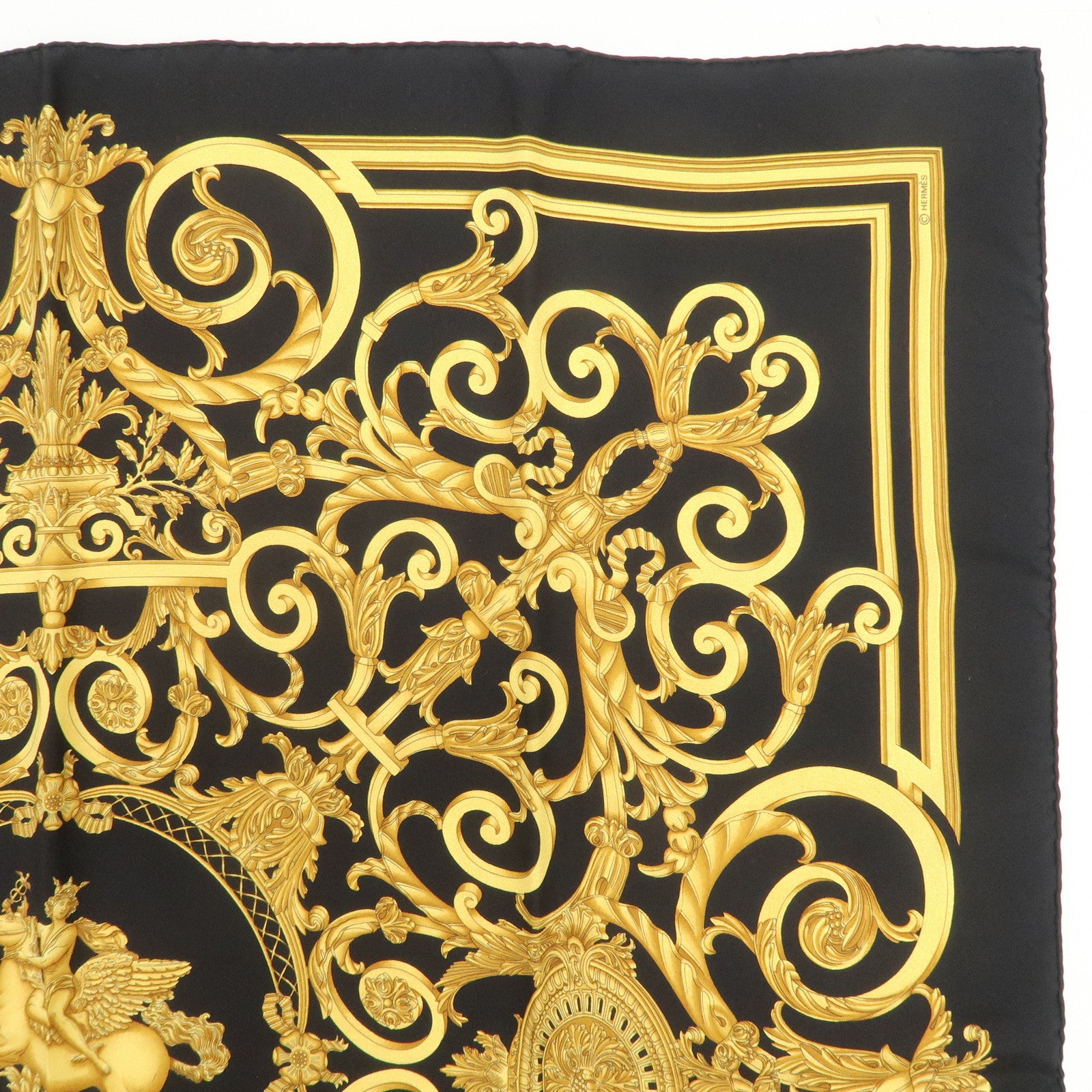 HERMES Carre 90 Silk 100% LES TUILERIES Scarf Black Gold