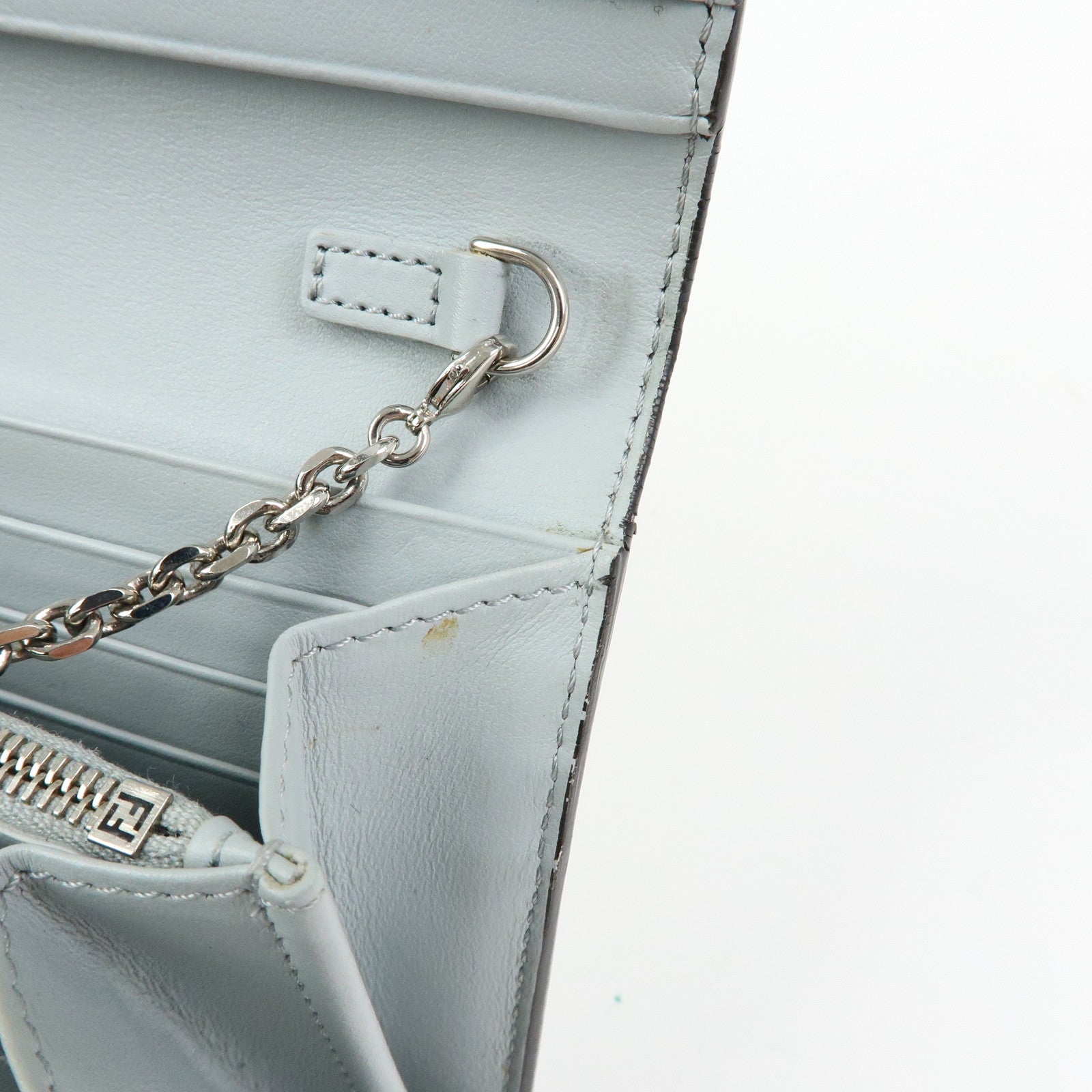 FENDI Leather Studs Chain Shoulder Wallet Long Wallet Gray 8M0365