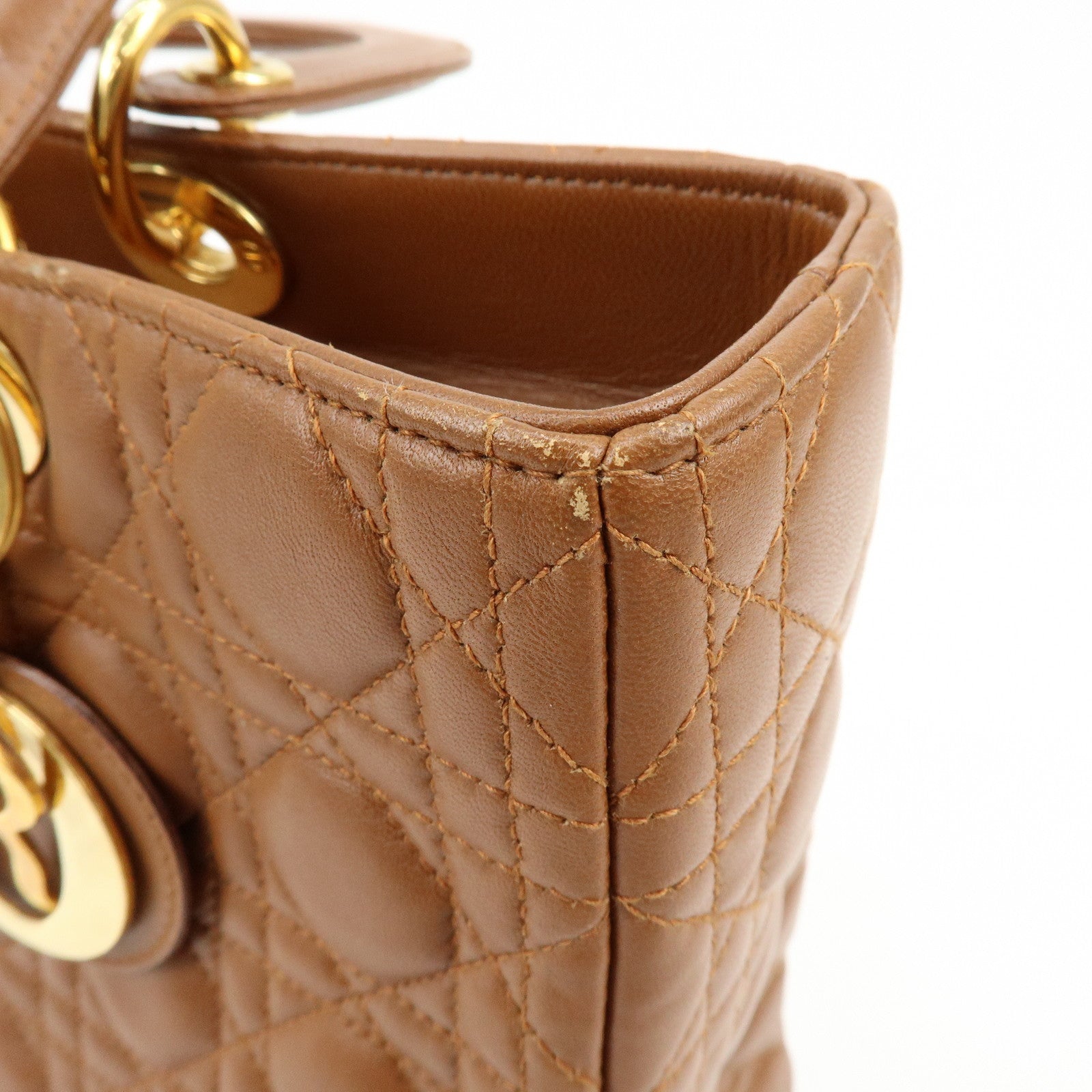 Christian Dior Cannage Large Lamb Skin 2Way Bag Hand Bag Camel