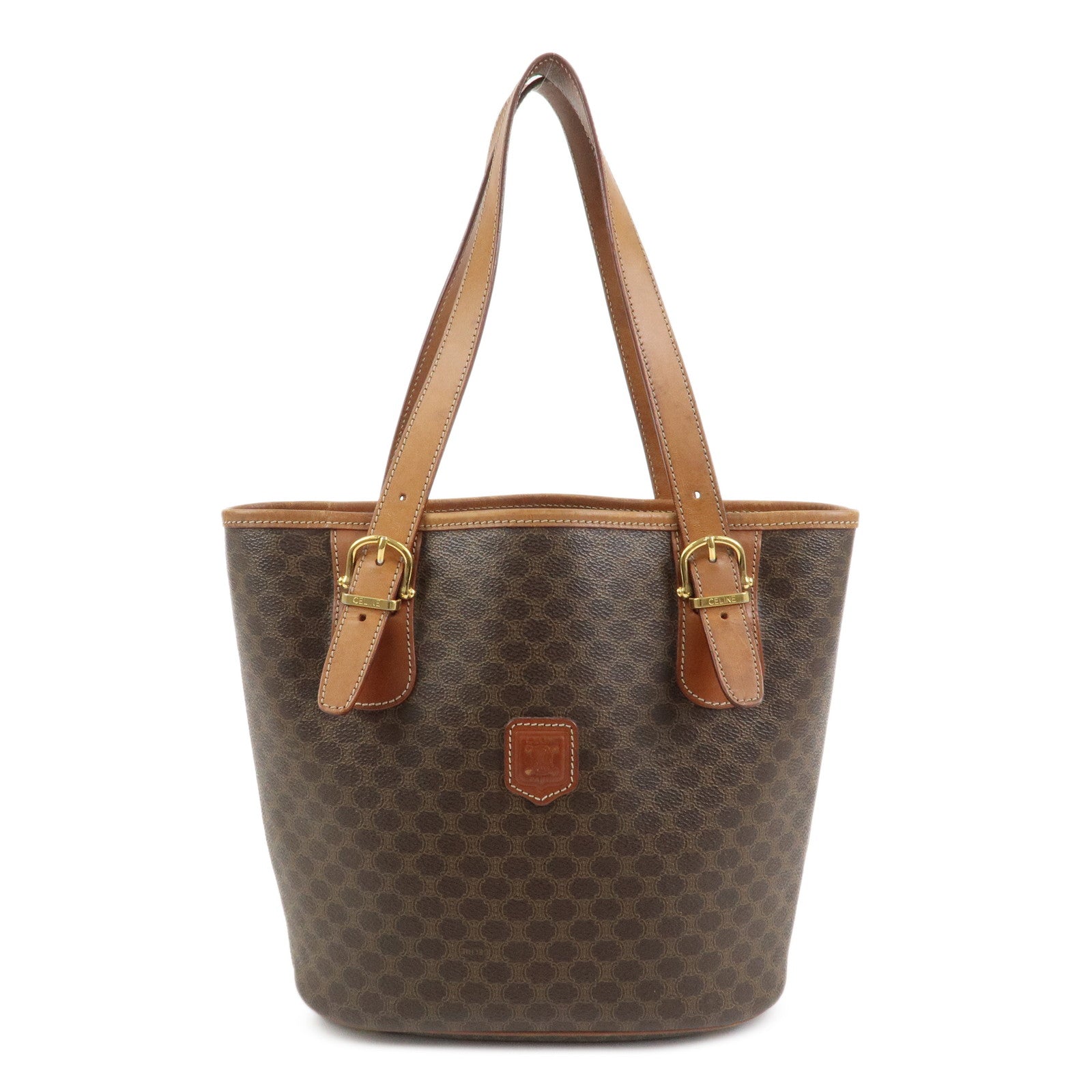 CELINE Macadam PVC Canvas Leather Tote Bag Hand Bag Brown